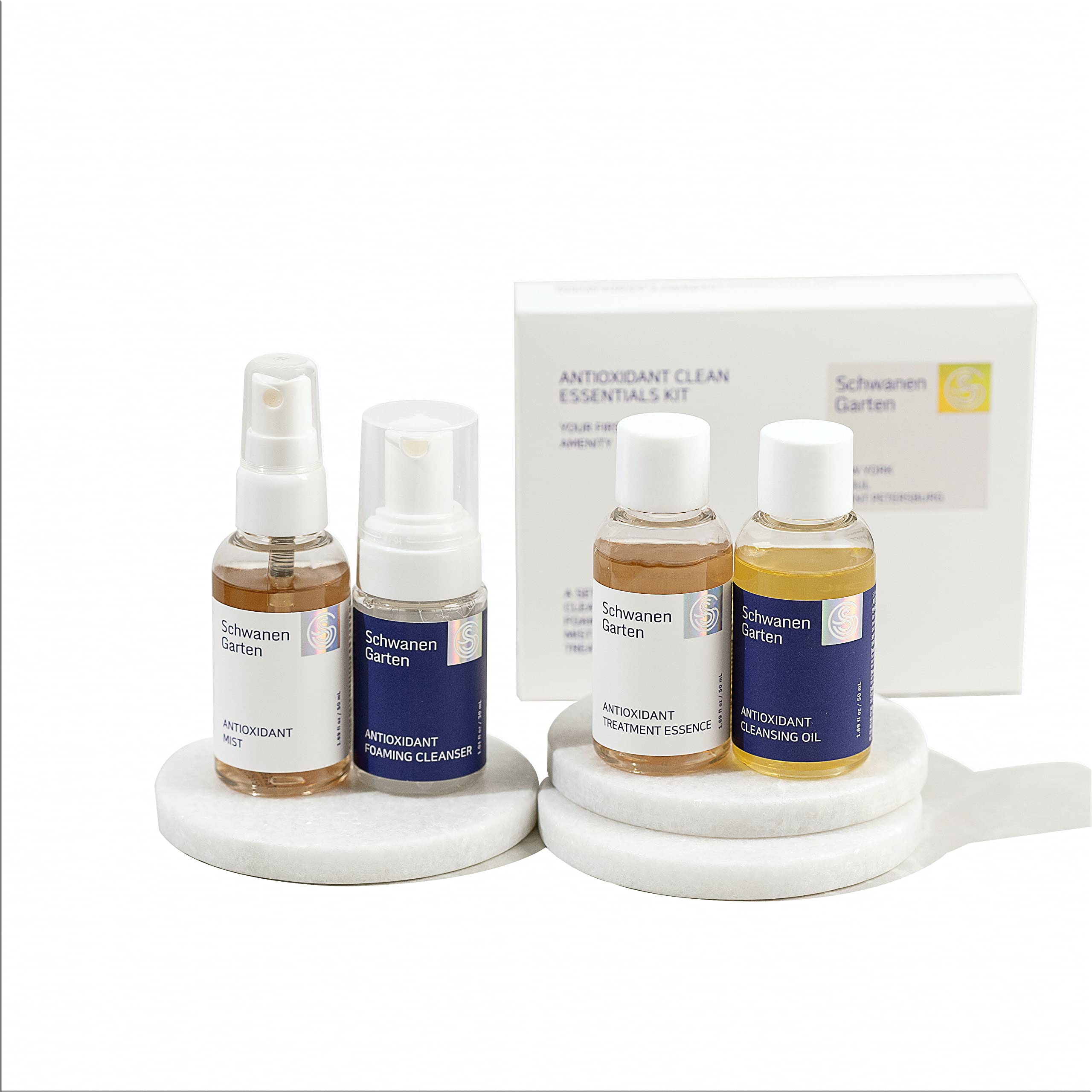 Schwanen Garten Antioxidant Clean Essentials Kit, Travel Size Skincare Set with Cleansing Oil, Foaming Cleanser, Mist, Treatment