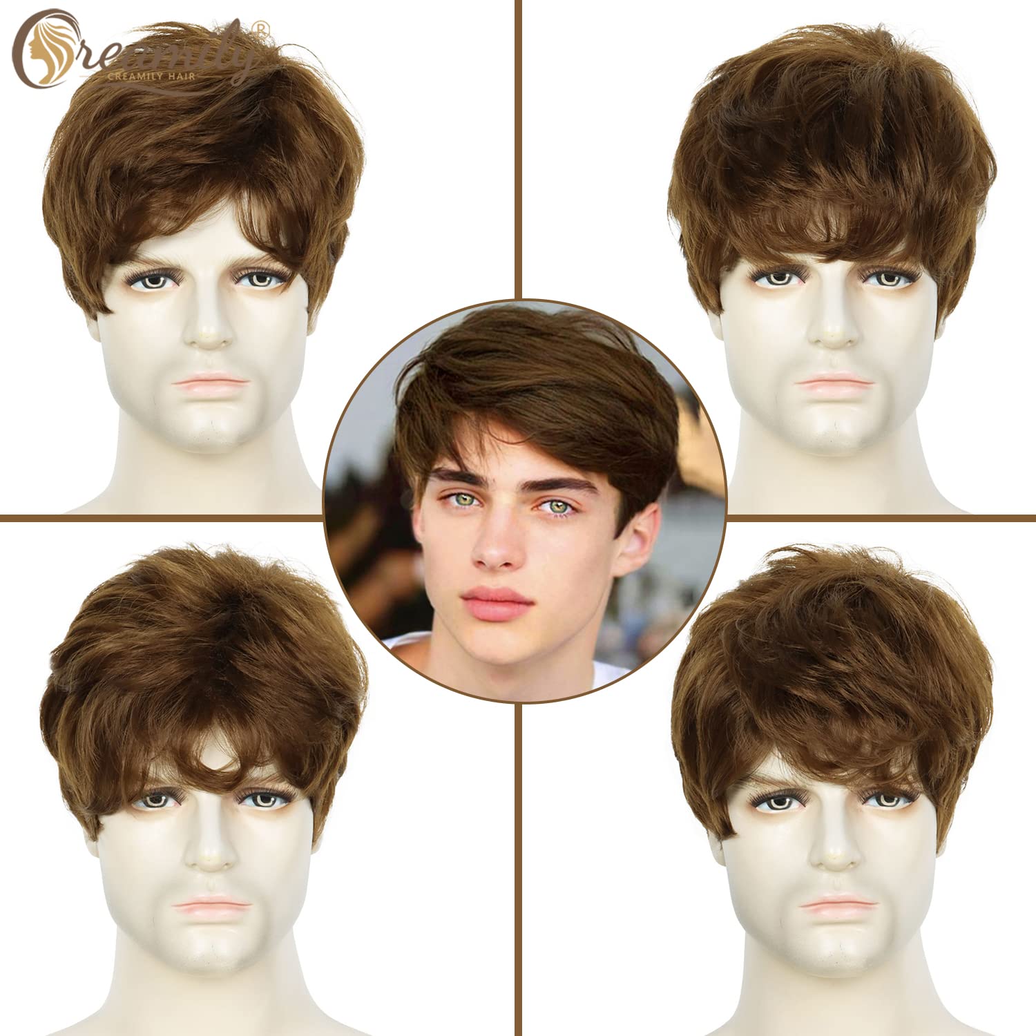 Creamily Short Brown Wig For Mens Wigs Short Hair Replacement Wig Men'S Synthetic Hair Wig Men Realistic Halloween Costumes Part