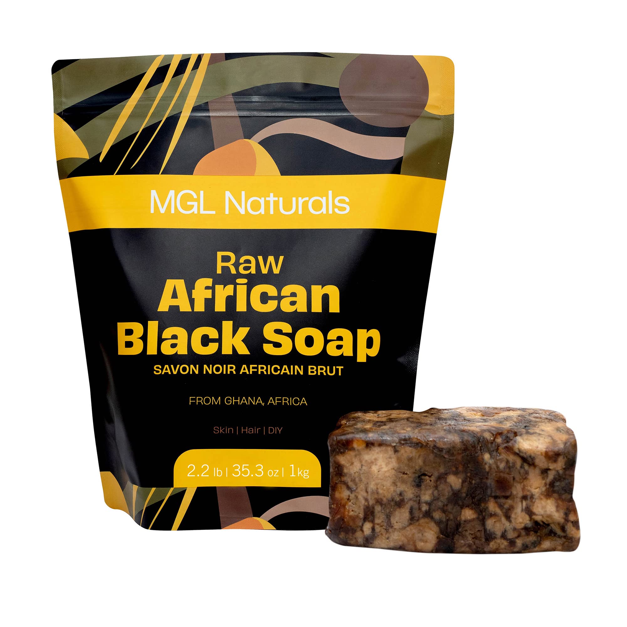 MGL Naturals Raw African Black Soap 2.2 lb from Ghana, Africa | Vegan & Organic | Face and body deep cleanse wash. 35.3oz | 2.2 
