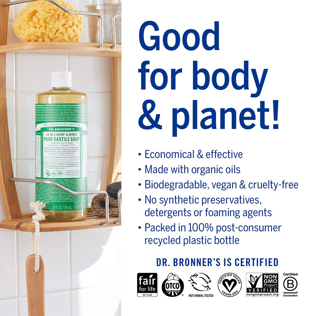 Dr. Bronner'S - Pure-Castile Liquid Soap (Almond, 32 Ounce, 2-Pack) - Made With Organic Oils, 18-In-1 Uses: Face, Body, Hair, La