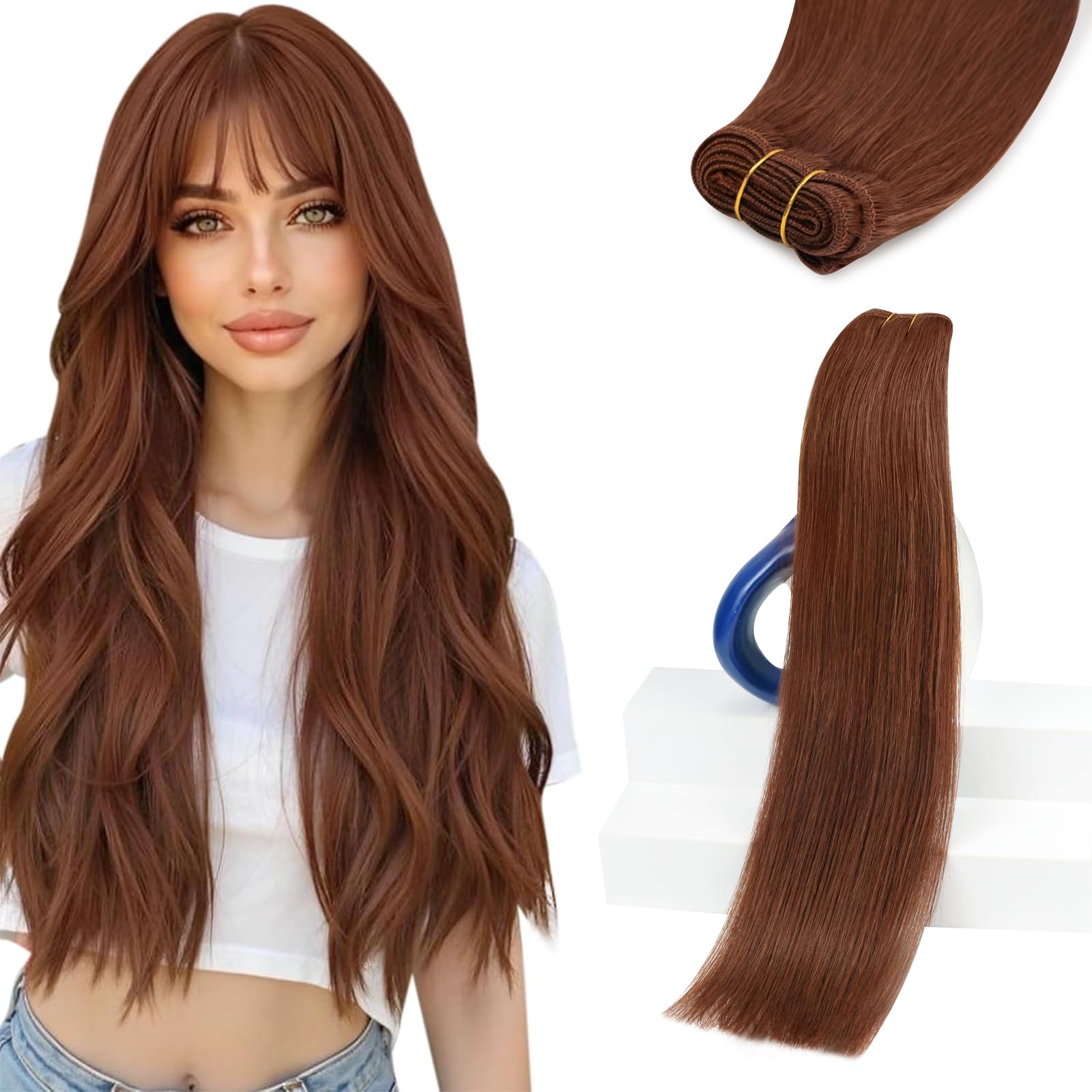 Sunny Hair Sew in Hair Extensions Real Human Hair 18 Inch Medium Manogany Brown Double-Wefted Bundles Hand Tied Weft for Women A