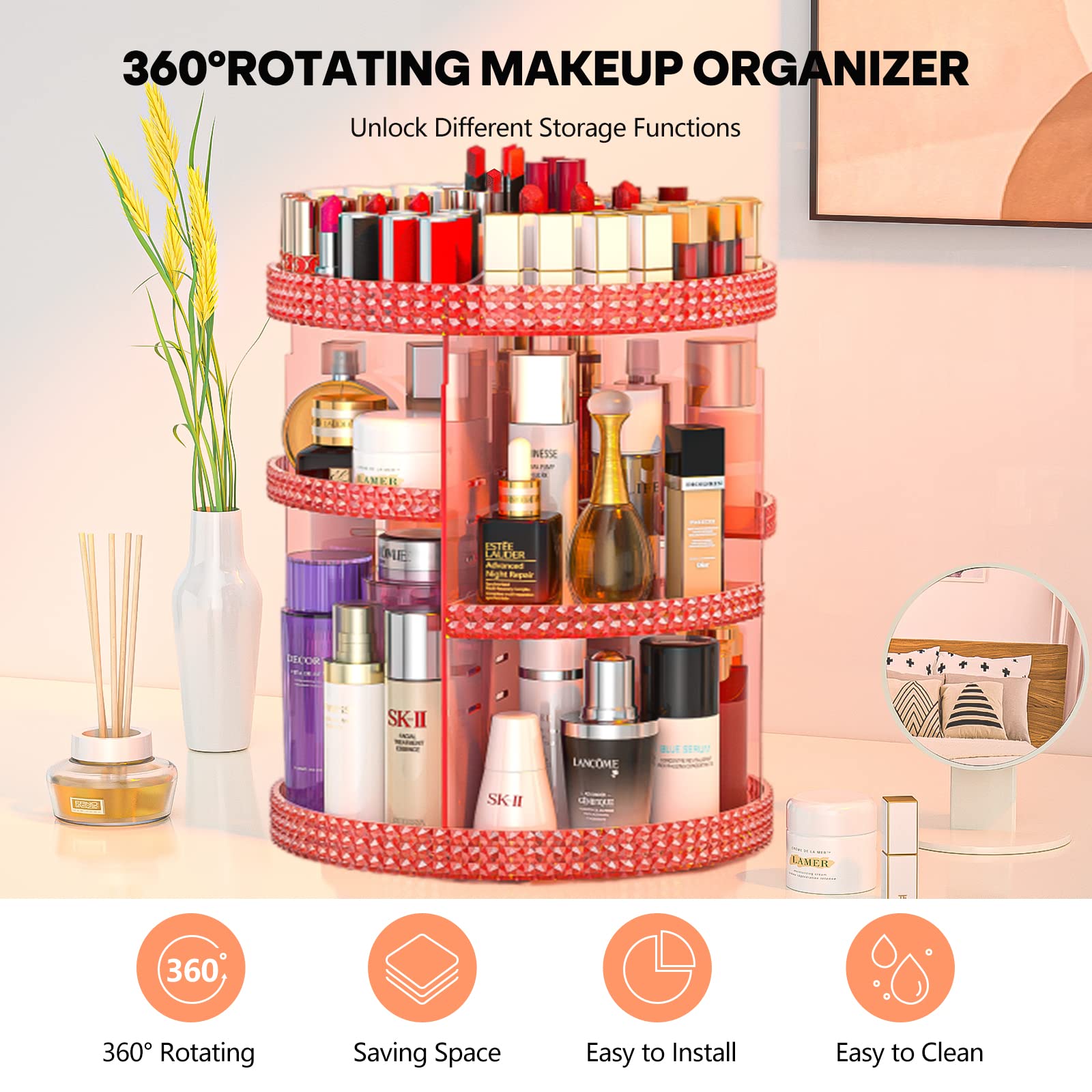 HEMTROY Rotating Makeup Organizer 360 Degree, Plus Size Capacity 7 Layers Adjustable Cosmetic Organizer Fits Vanity Countertop,