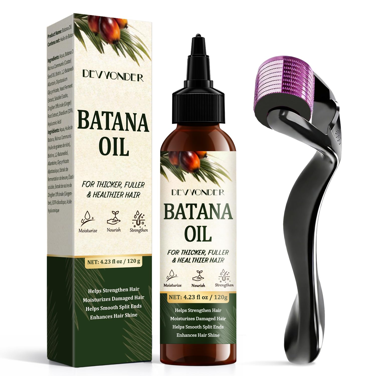 Devyonder Batana Oil for Hair Growth with 0.3mm Skin Roller, Deep Repair Hair Oil for Thicker Hair with Castor Oil, Biotin for M