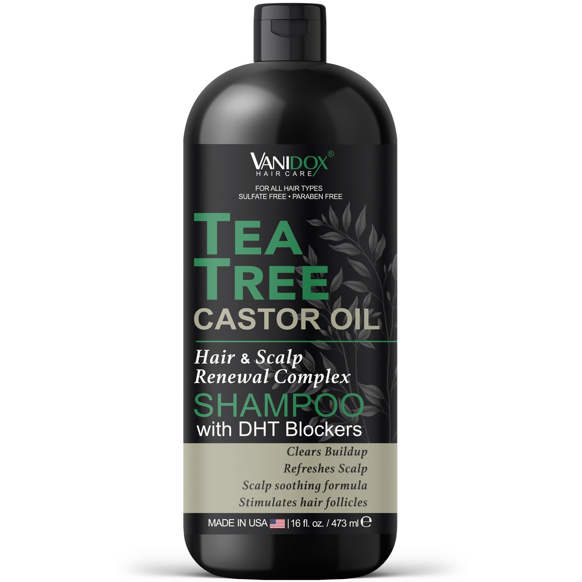 VANIDOX Tea Tree Shampoo with Castor Oil and 100% Pure Tea Tree Oil for Itchy and Dry Scalp - Sulfate and Paraben Free, Tea Tree