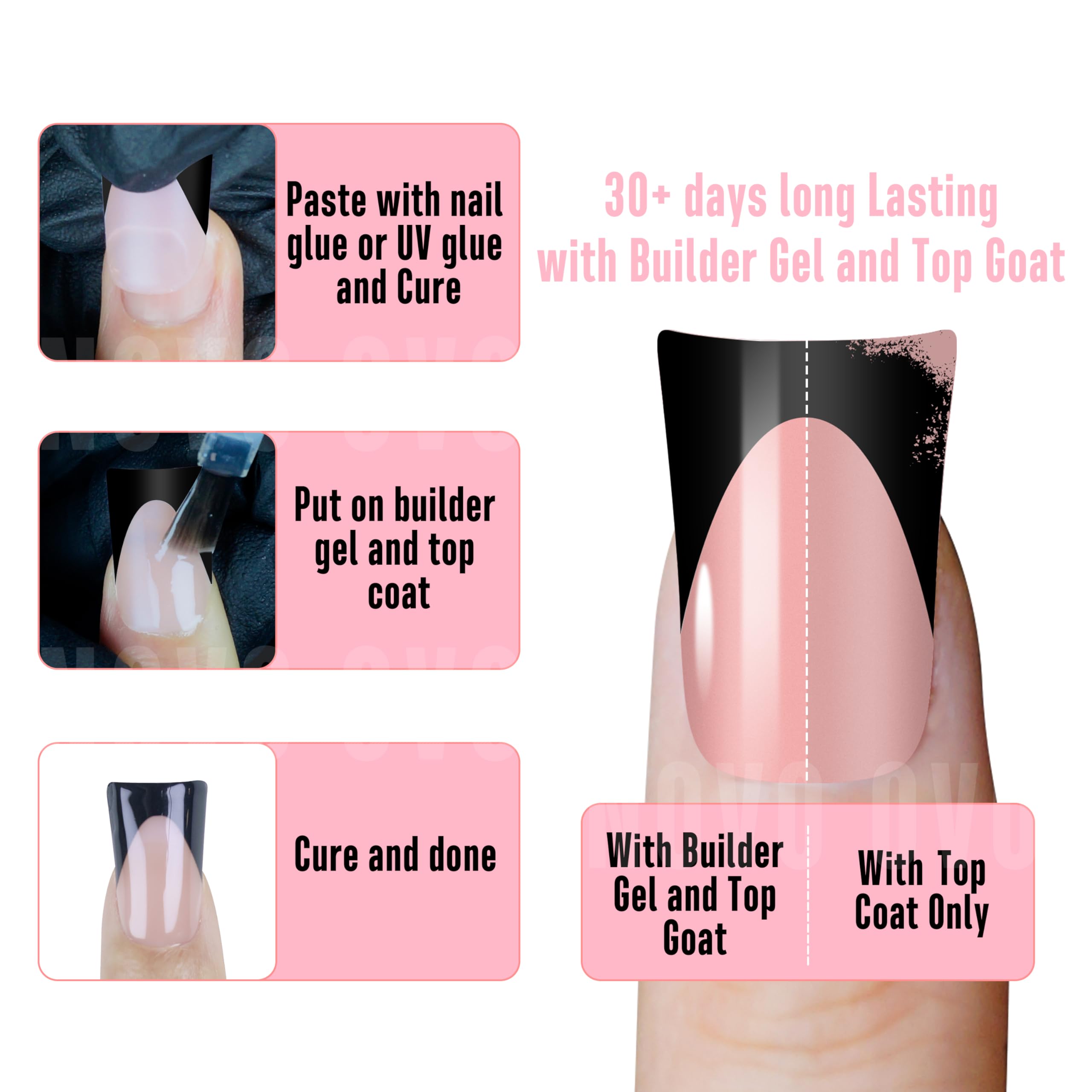 NOVO OVO Black French Tip Short Duck Nail Tips Press on, BABY PINK Pre-designed Soft Gel Nail Extension, Extra thick Full Cover