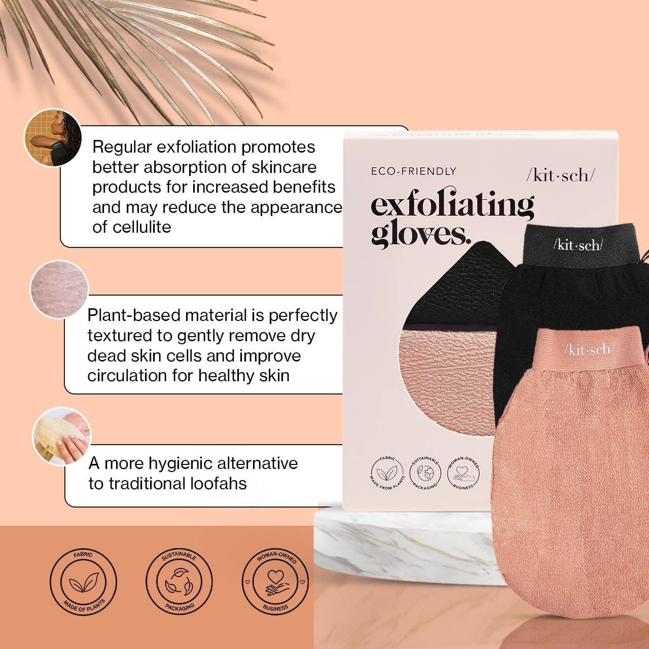 Kitsch Deep Exfoliating Glove - 2Pc Eco Friendly Exfoliating Body Scrubber, Dead Skin Remover, Exfoliator Body Scrub Mitt For Sk