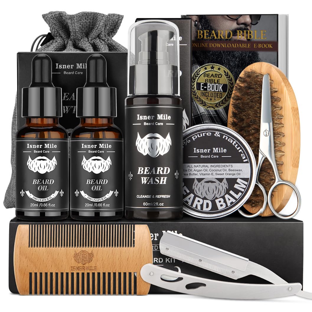 Isner Mile Beard Grooming Kit For Men Beard Care Kit With Beard Shampoo, Beard Oil, Balm, Brush, Comb, Scissors & Storage Bag Fa
