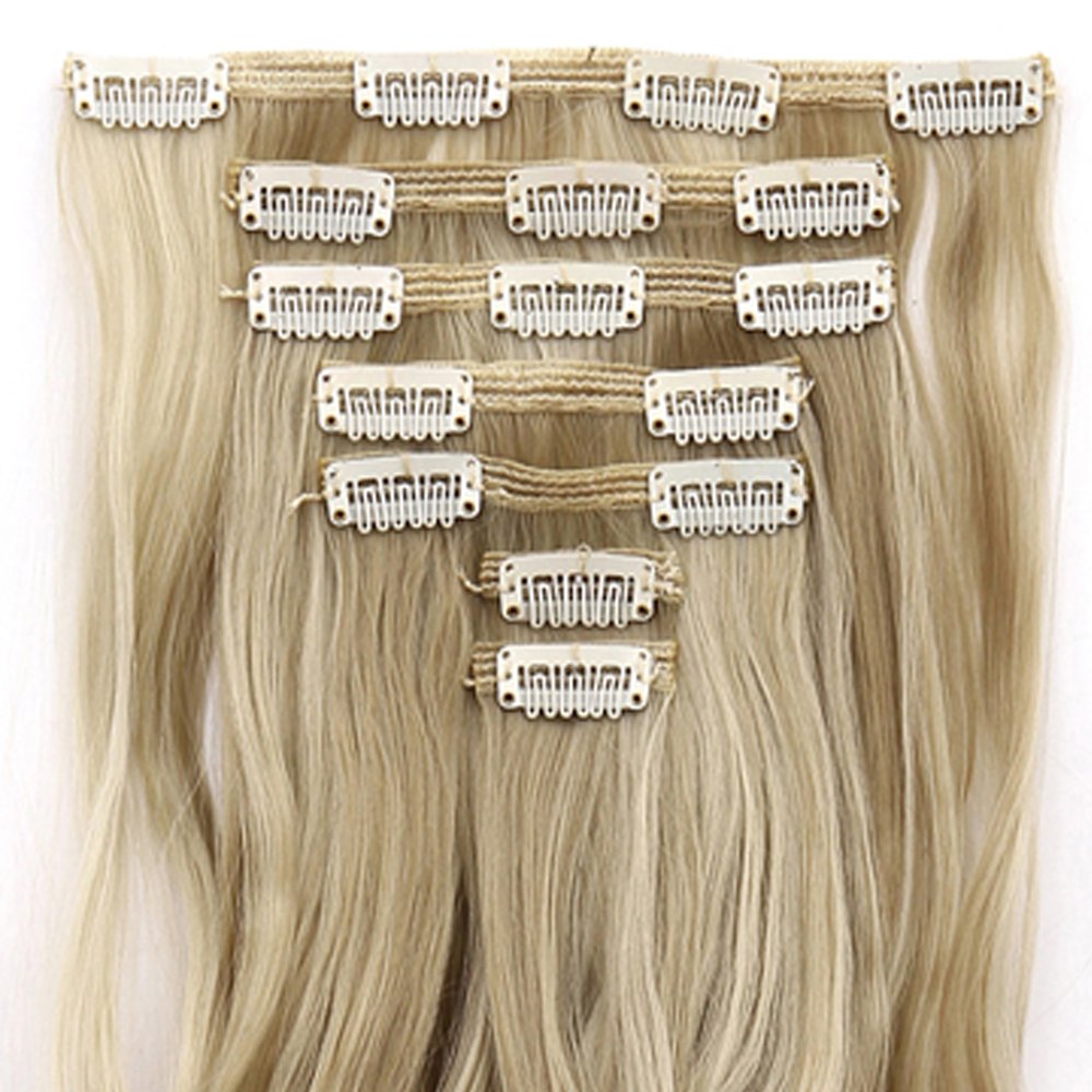 LELINTA 7Pcs 16 Clips 24 Inch Wavy Curly Full Head Clip in on Double Weft Hair Extensions Sandy Blonde Mix Bleach Blonde