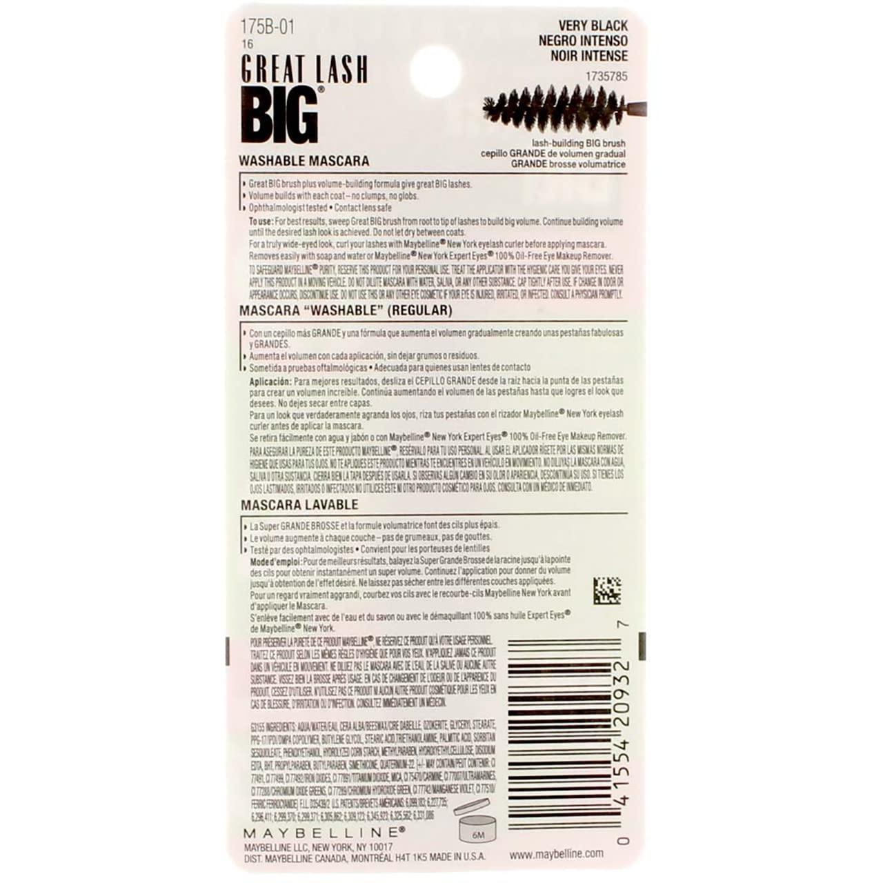 Maybelline Great Lash Big Washable Mascara, Very Black [131], 0.34 oz