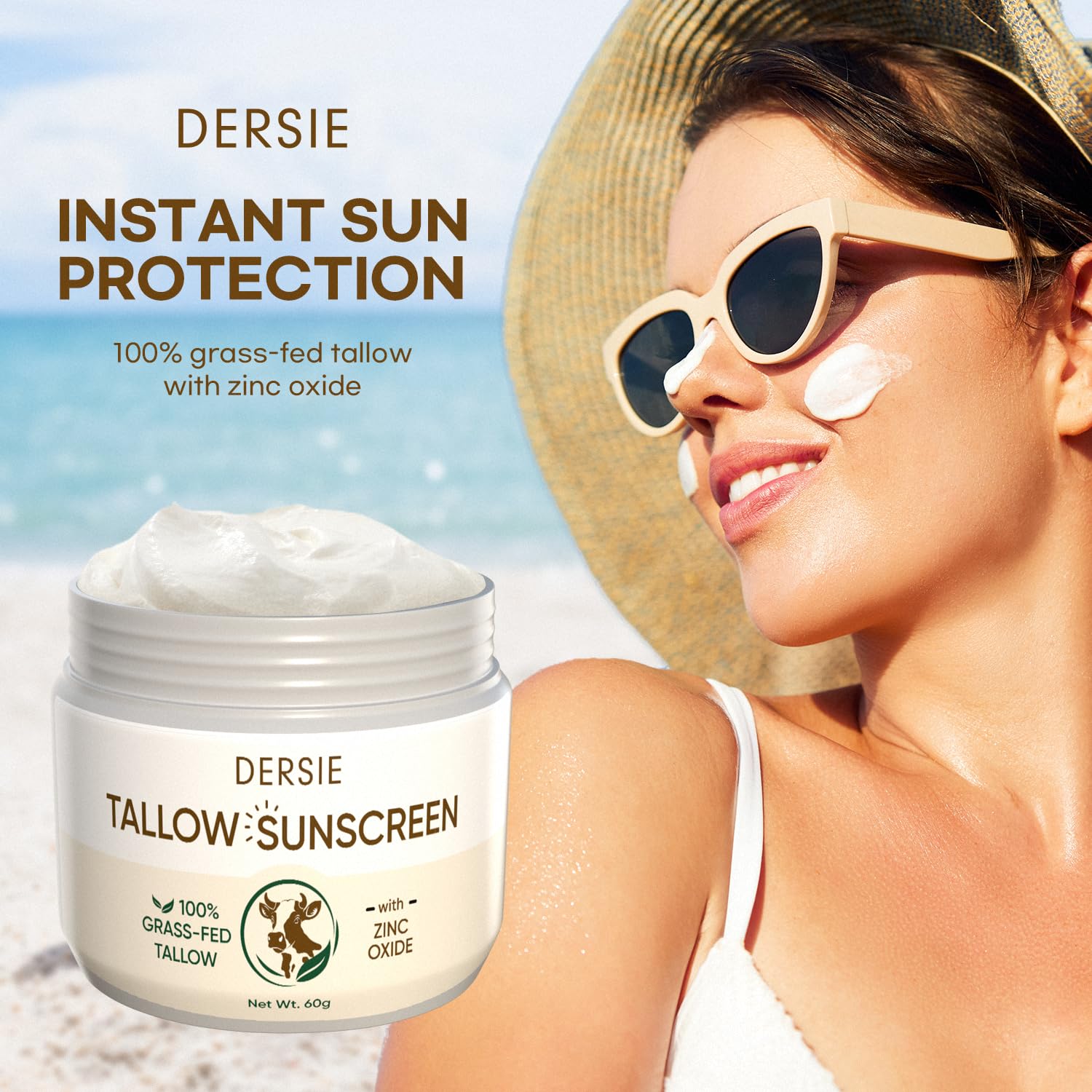(Pack of 2) Beef Tallow Sunscreen with Zinc Oxide: Tallow & Zinc Oxide Instant Sun Protection - Non Greasy Formula with Beeswax,