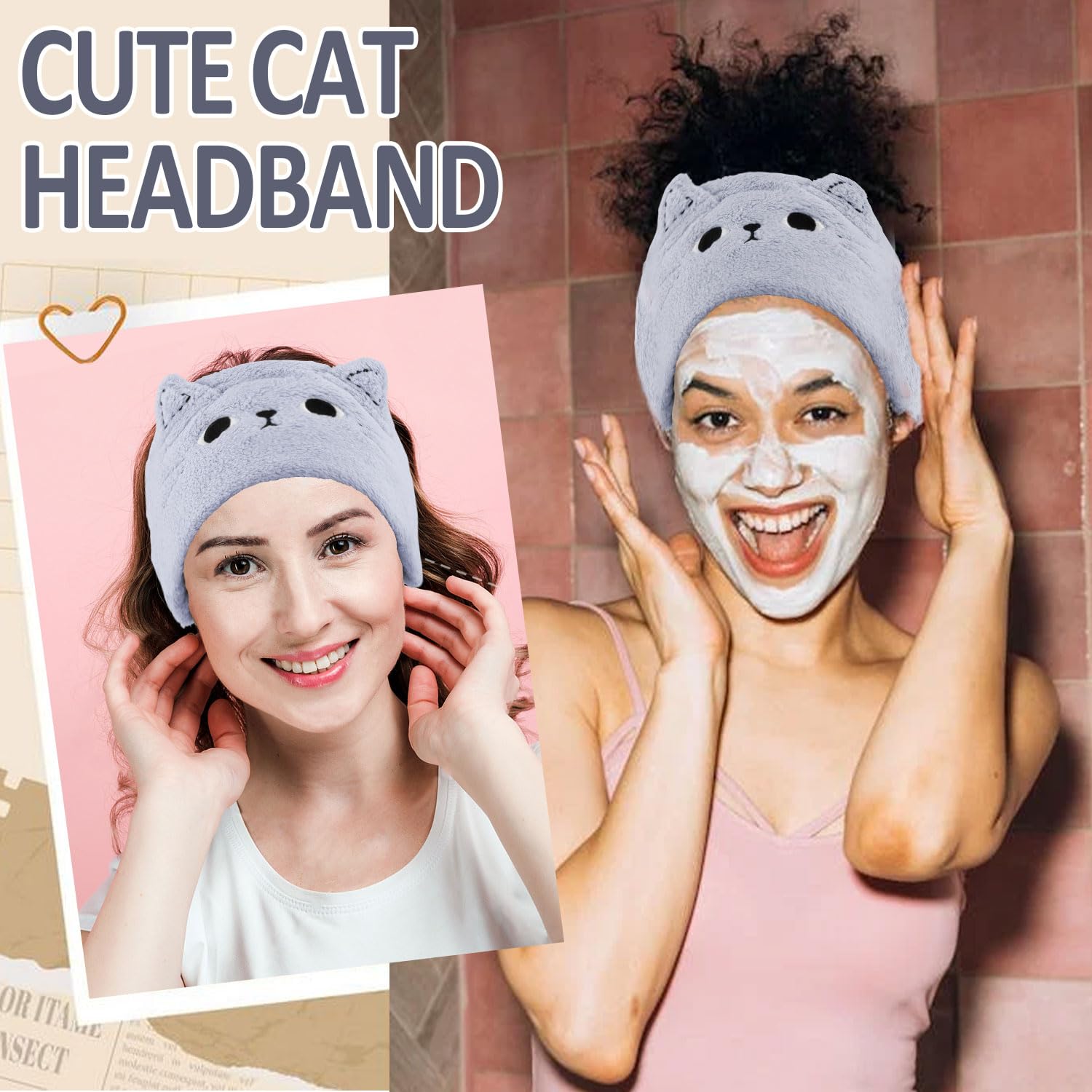 Atoden Cat Ears Spa Wristband Set - Cute Animal Makeup Headband & Skincare Headband for Washing Face - Elastic Face Wash Hair Ba