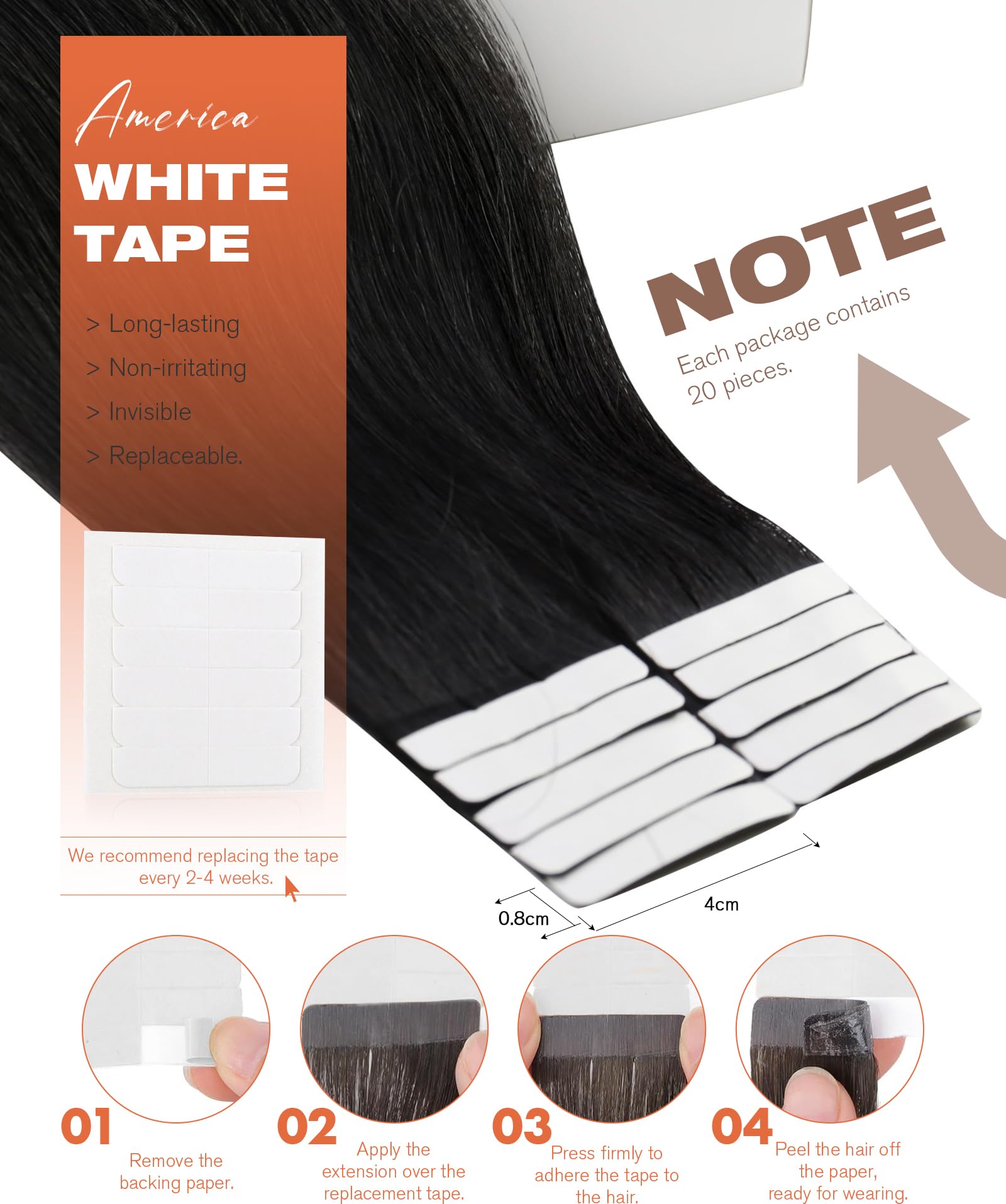 Sunny Hair Tape in Hair Extensions Real Human Hair Invisible Remy Hair Extensions Tape ins for Women Jet Black 24 inch 20Pcs 50G