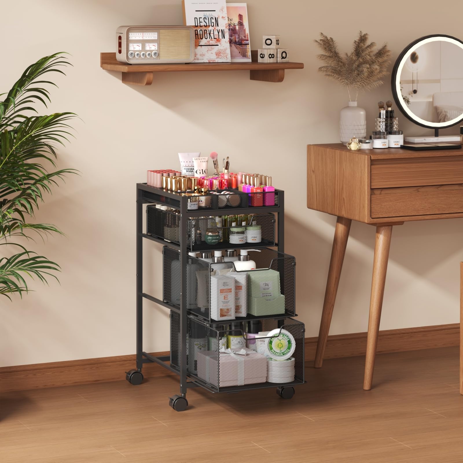 JKsmart Rolling Makeup Cart Organizer with 3 Drawers, Cosmetics Display with Dividers, Floor Skincare Storage with Wheels, Versa