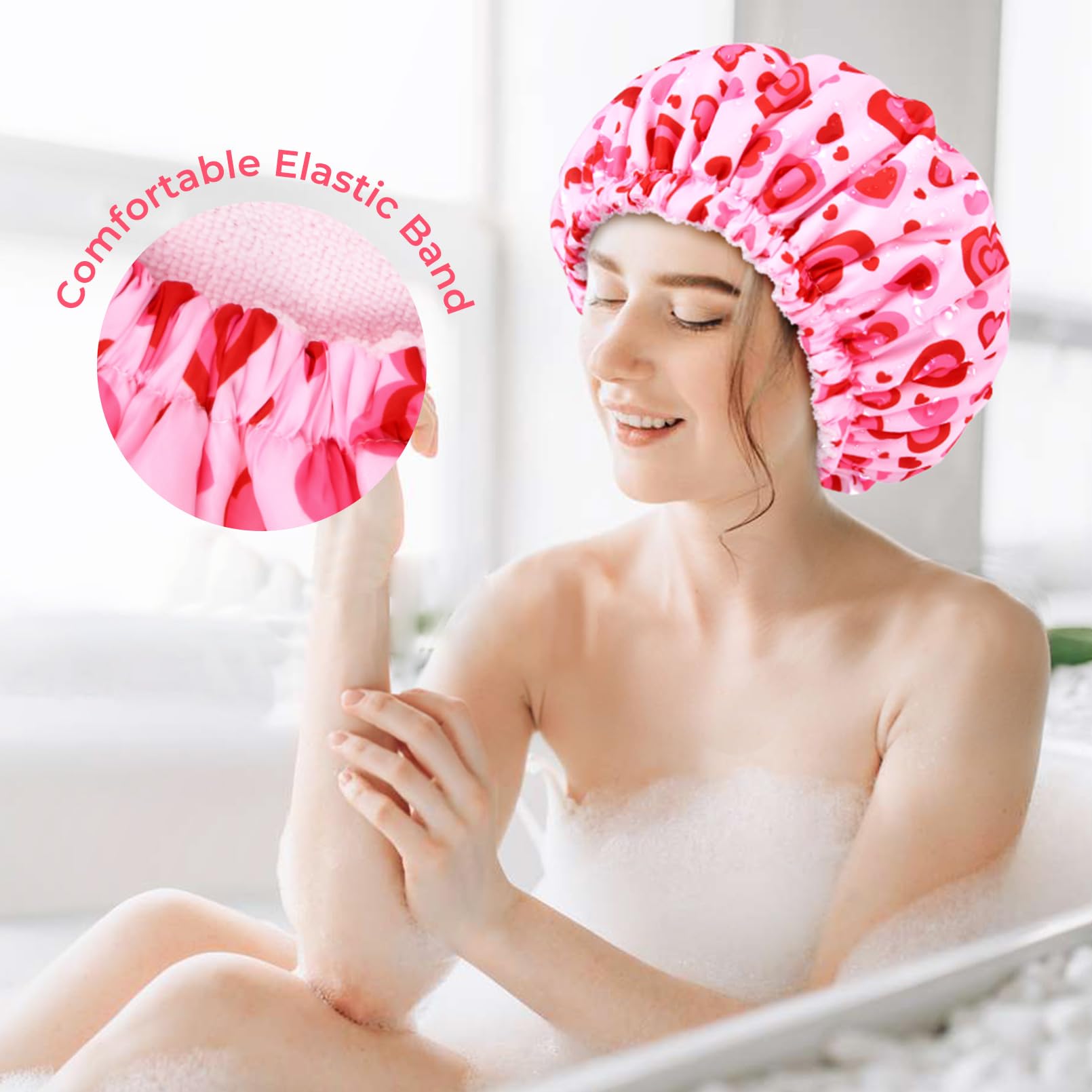 Shower Cap For Women Terry Lined Bath Cap Large Reusable Waterproof Elastic Band Pink Love Shower Caps For Long Thick Hair Soft
