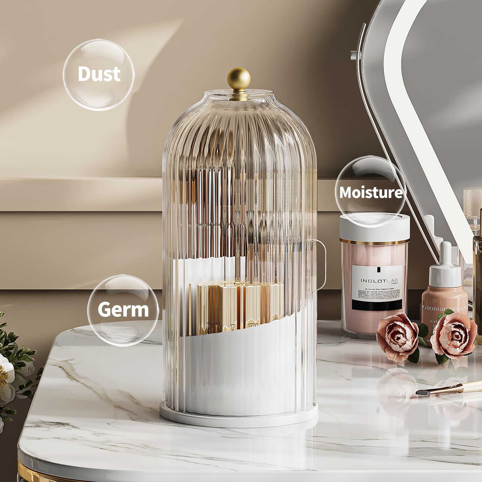 Mshomely Makeup Brush Holder Organizer, 360 Rotating Makeup Brush Organizer Cosmetics Make Up Brush Organizer For Vanity, Waterp