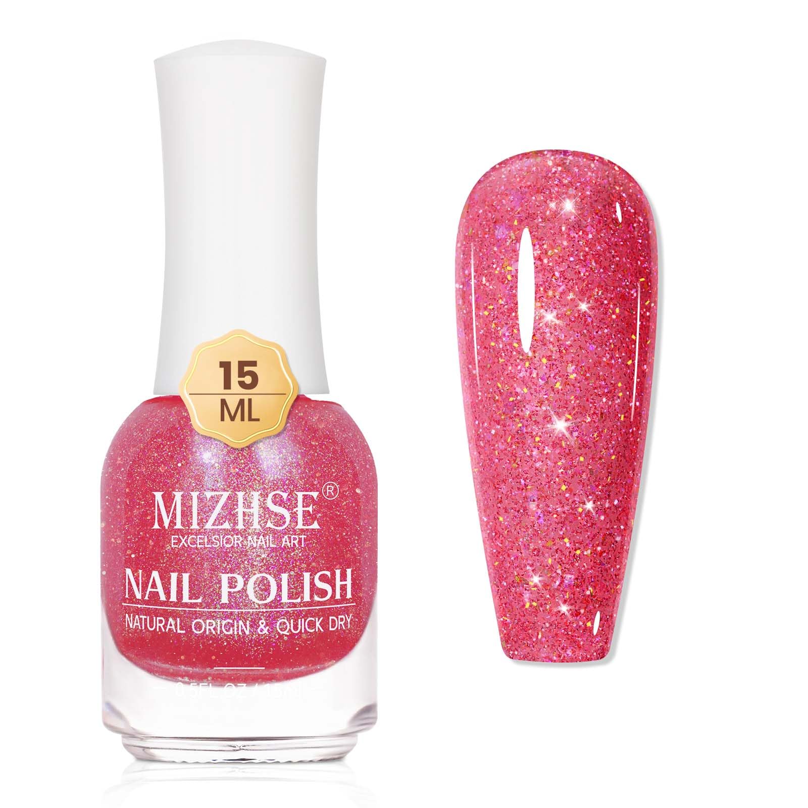 Mizhse Quick Dry Nail Polish, Shimmery Hot Pink Nail Polish Air Dry Fast, 15Ml/0.5 Fl Oz Regular Sparkle Shiny Water-Based Glitt