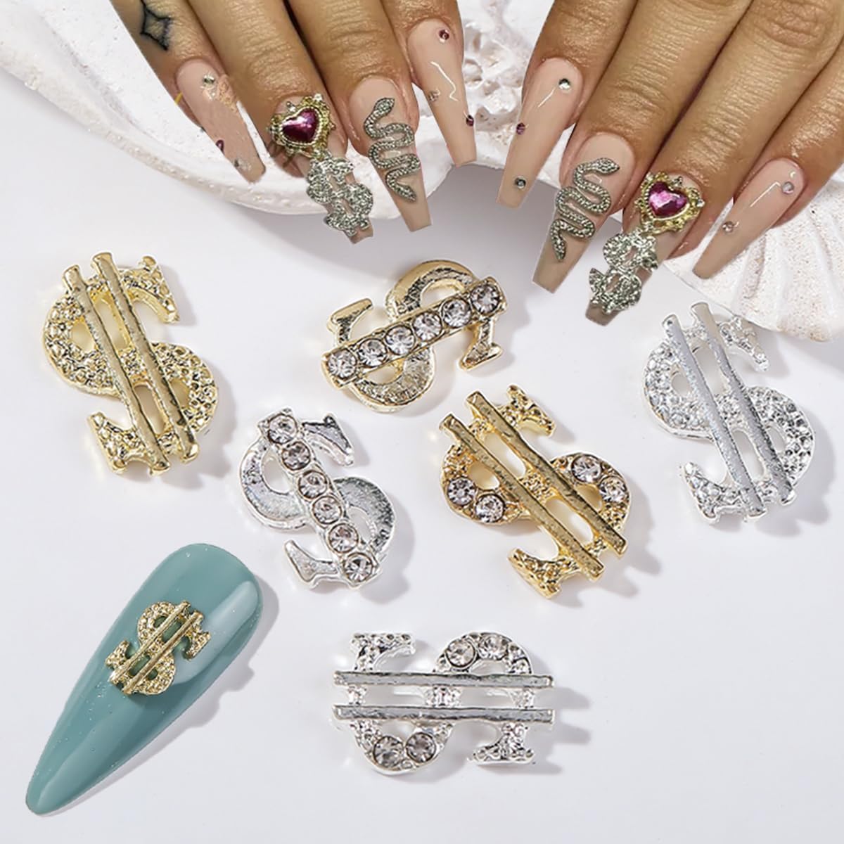 30Pcs Money Dollar Nail Charms Gold And Silver 3D Alloy Dollar Money Nail Art Charms With Rhinestones For Women Nail Decoration