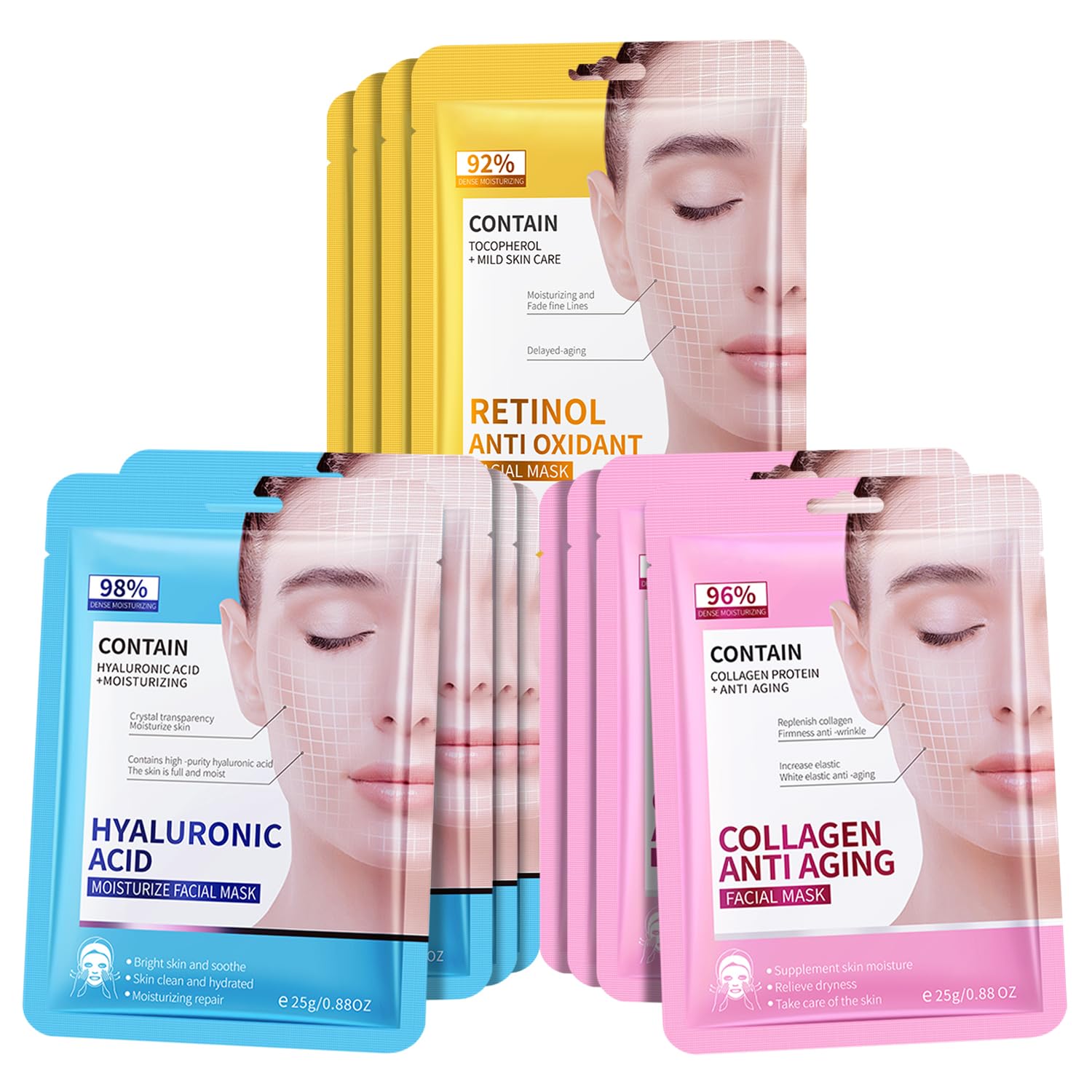 12 Pack Face Masks Skincare Set (Collage,Retinol,Hyaluronic acid),Collagen Face mask for Women, Hydrating Face Sheet Mask, Anti 