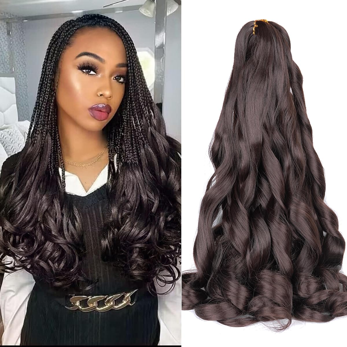 French Curl Braiding Hair 24 Inch 2 Packs #4 Brown Synthetic Loose Wave Bouncy Crochet Hair Pre Stretched 75g/pack Curly Braidin