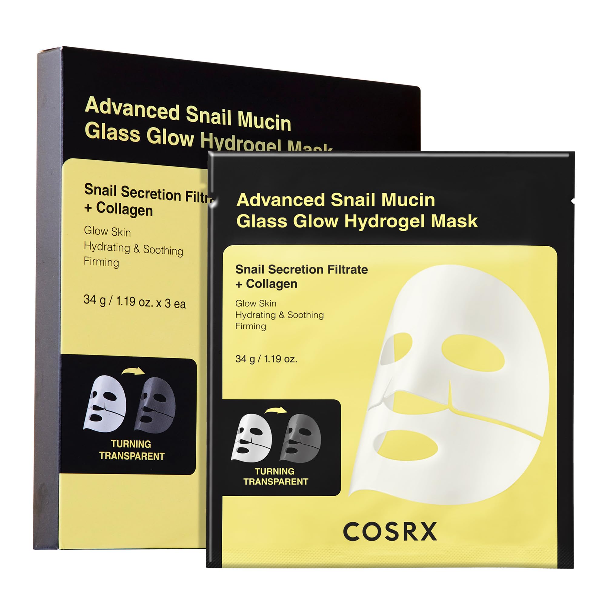 Cosrx Advanced Snail Mucin Glass Glow Hydrogel Face Masks Skincare 3 Ea, Collagen Face Mask, Travel Essentials, Stocking Stuffer