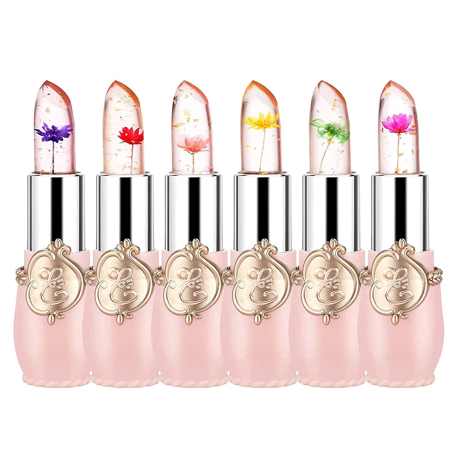 Firstfly Pack Of 6 Crystal Flower Jelly Lipstick, Long Lasting Nutritious Lip Balm Lips Moisturizer Magic Temperature Color Chan