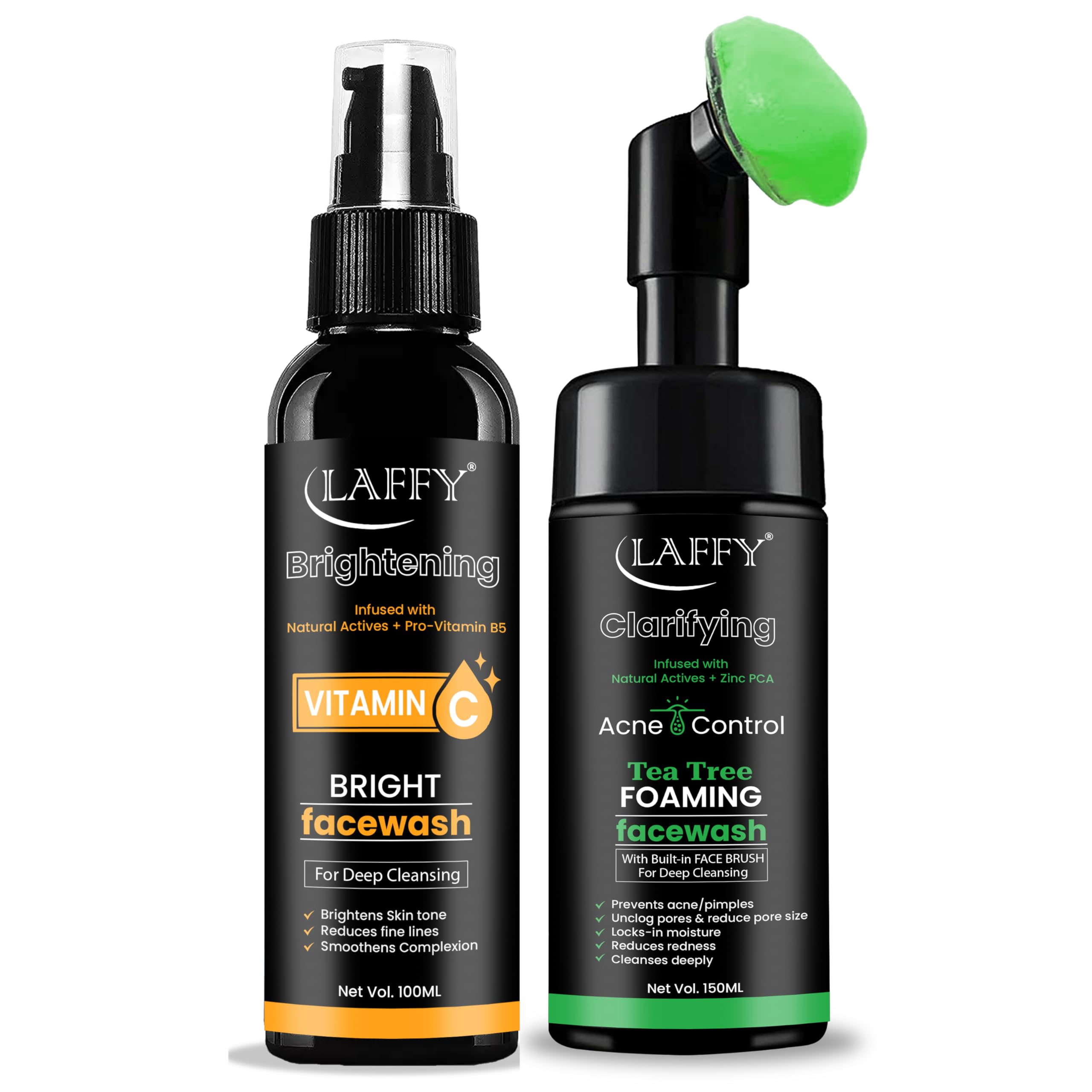 Laffy  Vitamin C Bright Face Wash (100Ml) & Tea Tree Foaming Face Wash (150Ml) Combo | Skin Brightening & Purifying Cleansers |