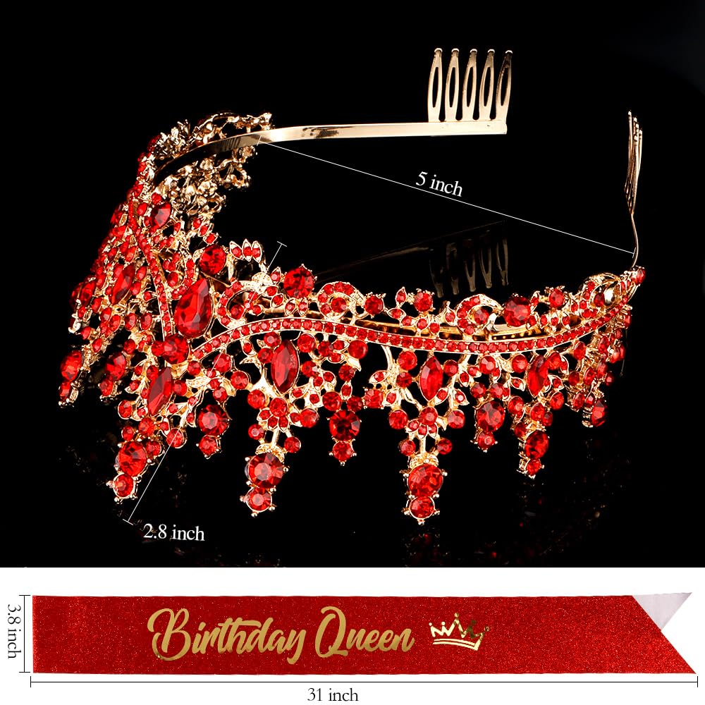 ATODEN Red Tiara Crown Birthday Queen Sash Tiaras and Crowns for Women Girls Crystal Princess Tiara Rhinestone Headbands Quincea