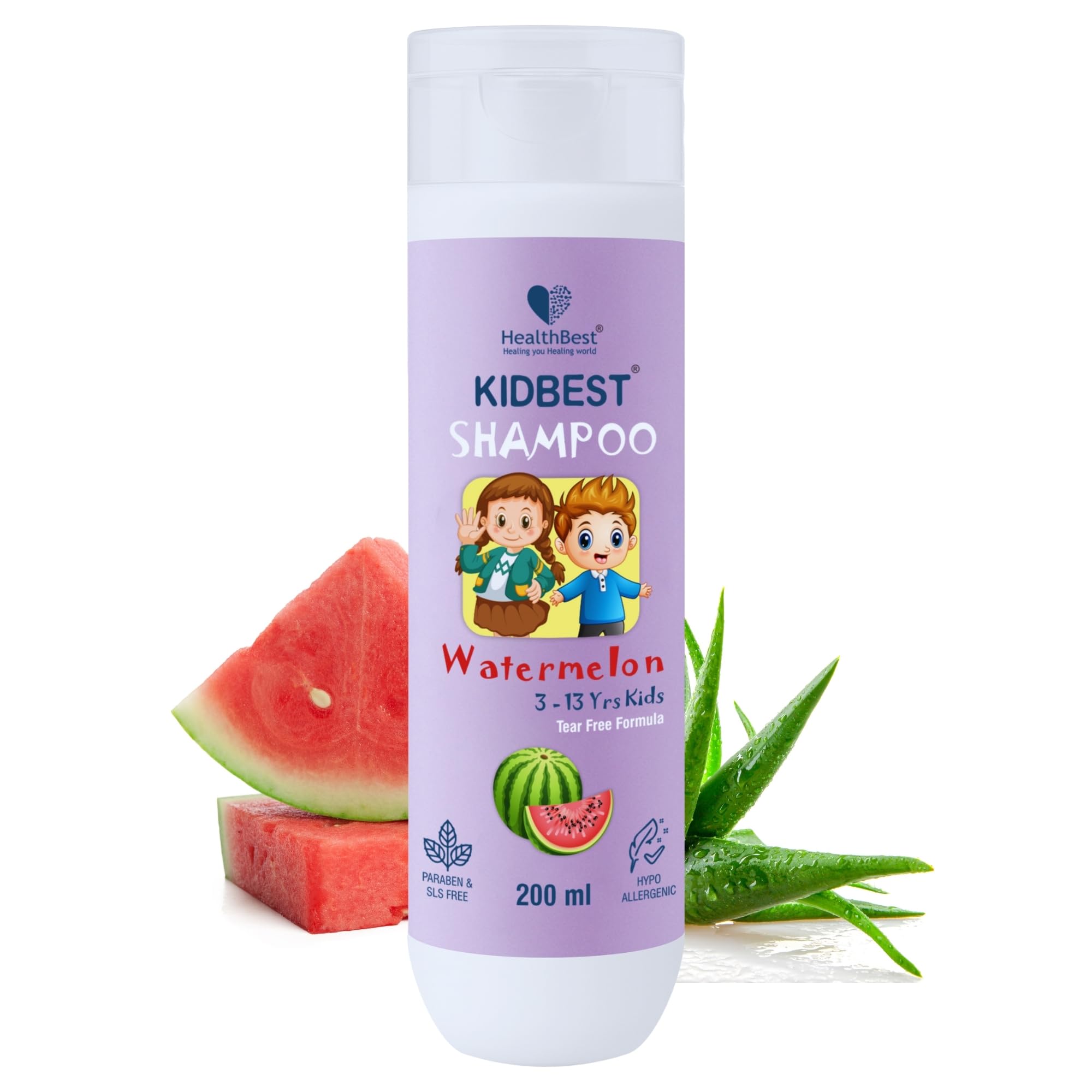 Healthbest Kids Tear-Free Shampoo 200 Ml - Watermelon, Gentle & Nourishing Hair Cleanser - Sulphate & Paraben Free - For Daily U