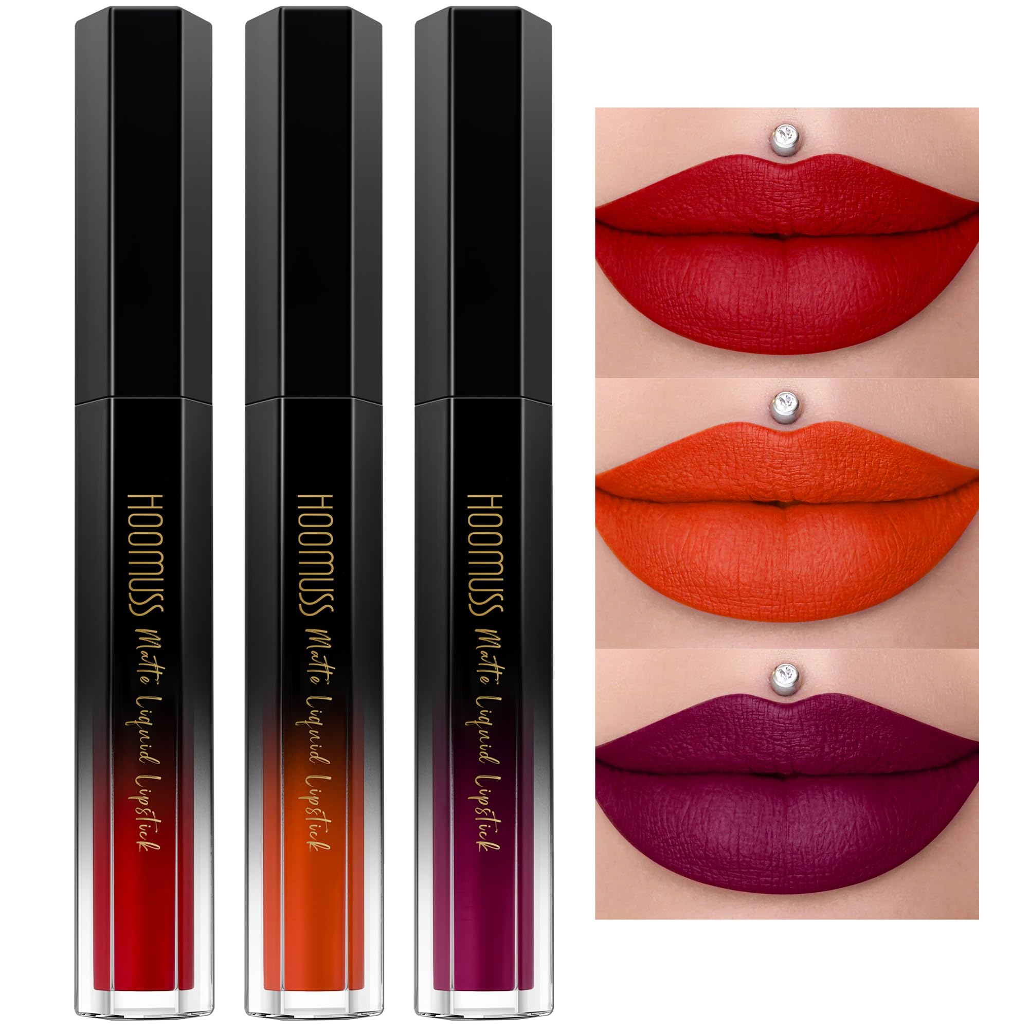Hoomuss Red Lipstick Set Long Lasting 3Pc Matte Liquid Lipsticks For Women Non Transfer Smudgeproof Red Orange Berry Lipstick Ki