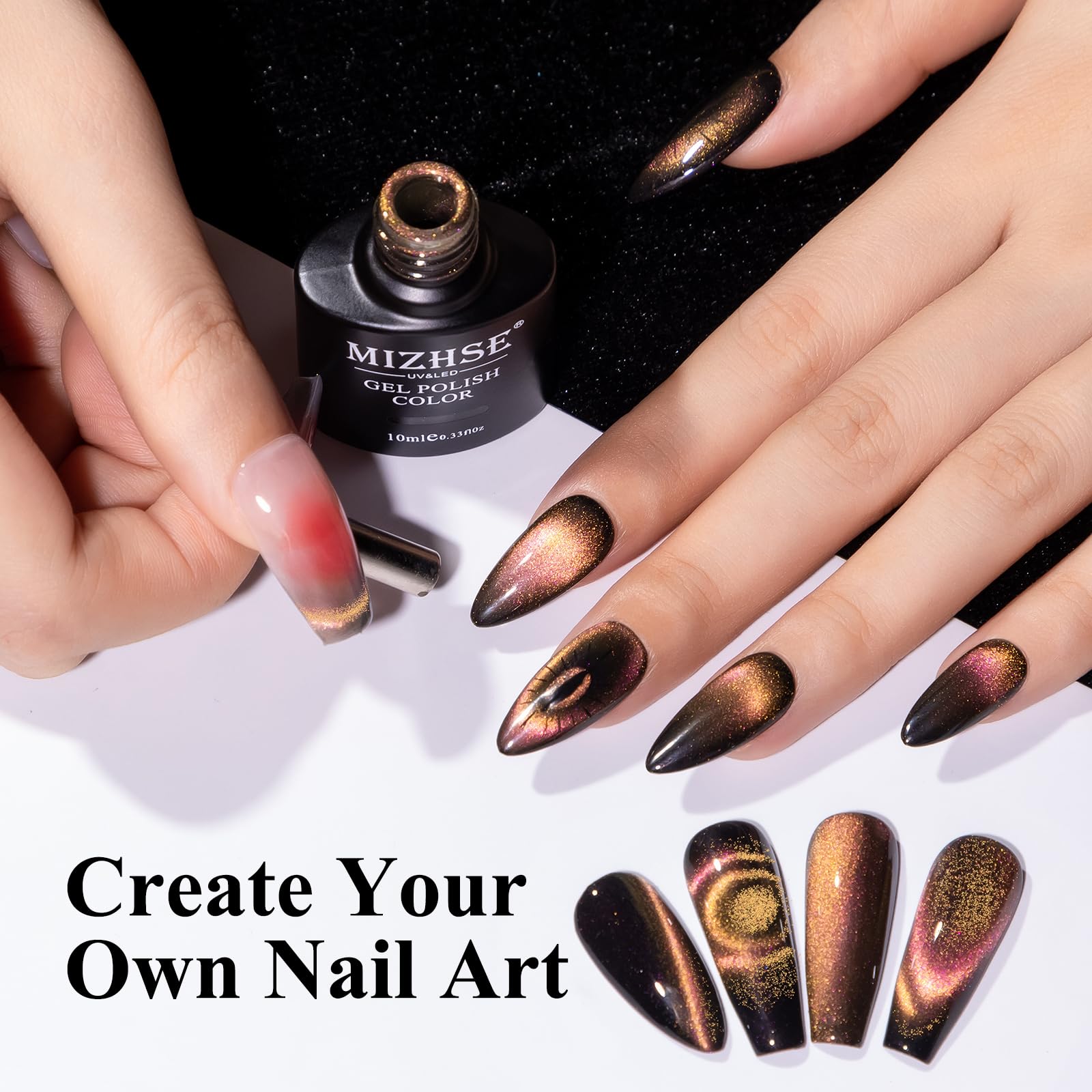 Mizhse 9D Cat Eye Gel Nail Polish, Brown Magnetic Gel Polish With Magnet Stick, Fall Nails Magic Shimmer Galaxy Effect Holograph