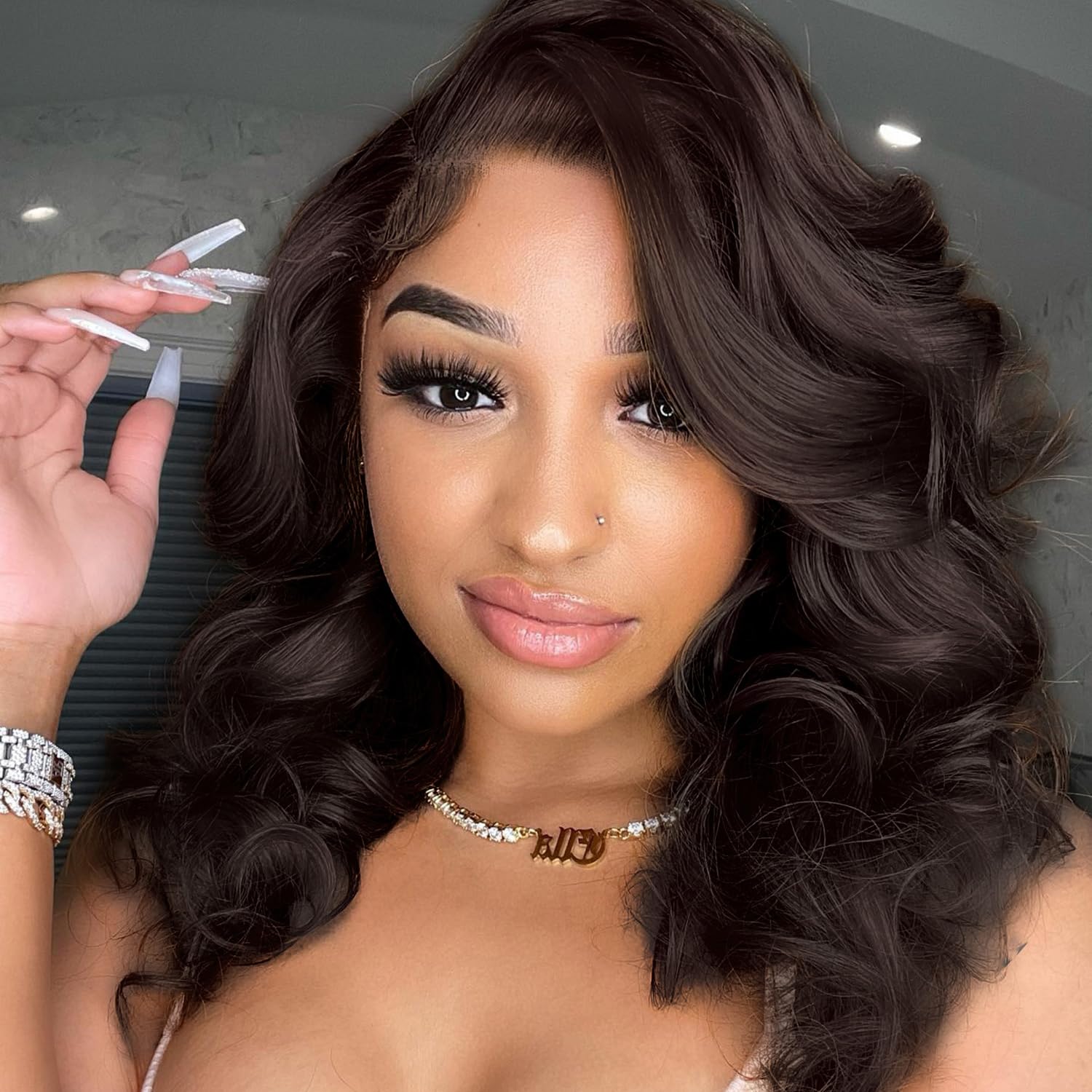 WIGER Short Wavy Wigs for Women Chocolate Brown Loose Wave Bob Hair Wig 14 Inch Side Part Shoulder Length Glueless Lace Part Hai