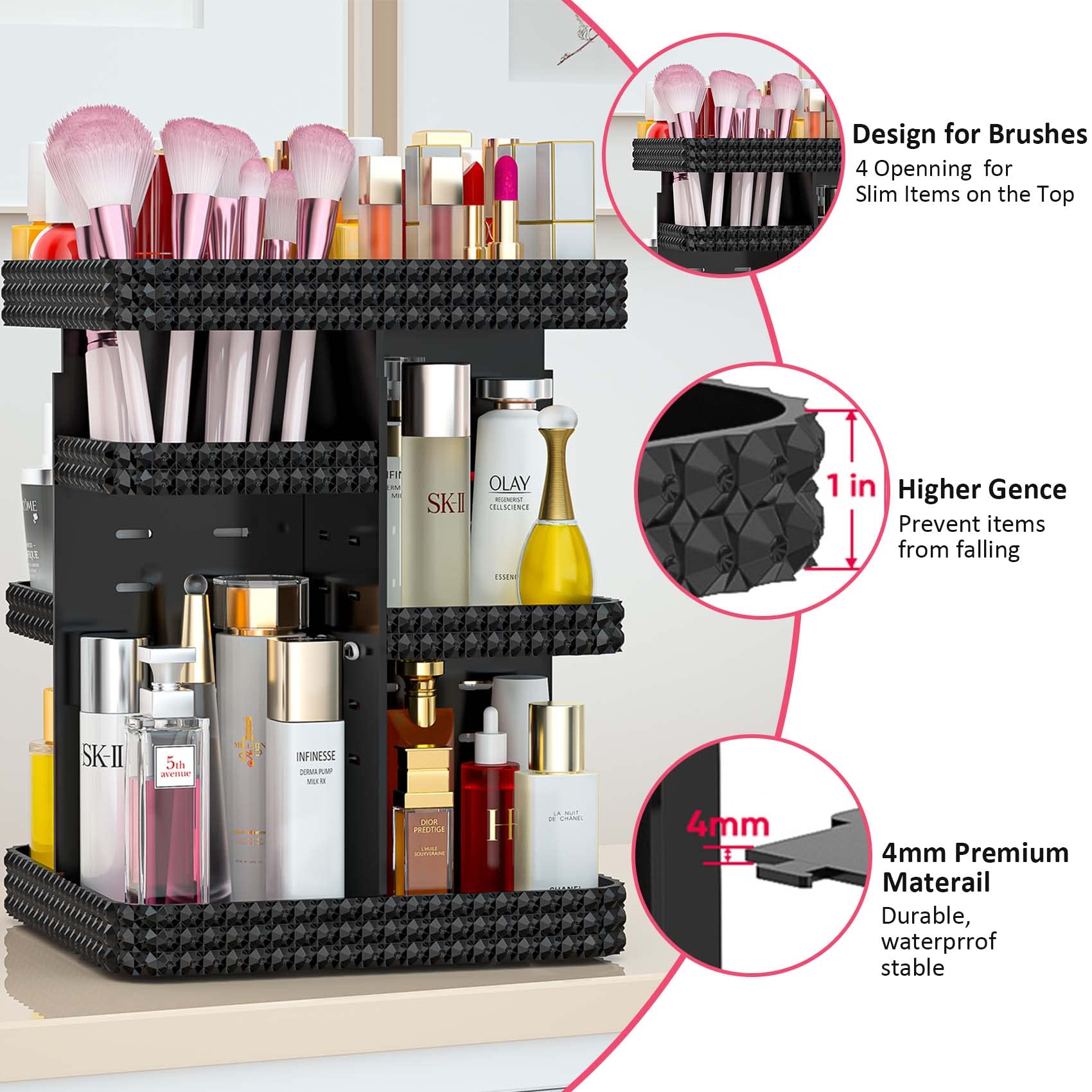 Bocony Rotating Makeup Organizer, Large Capacity Cosmetic Display Case, Acrylic Skincare Organizer With Brush Holder, Makeup Sto