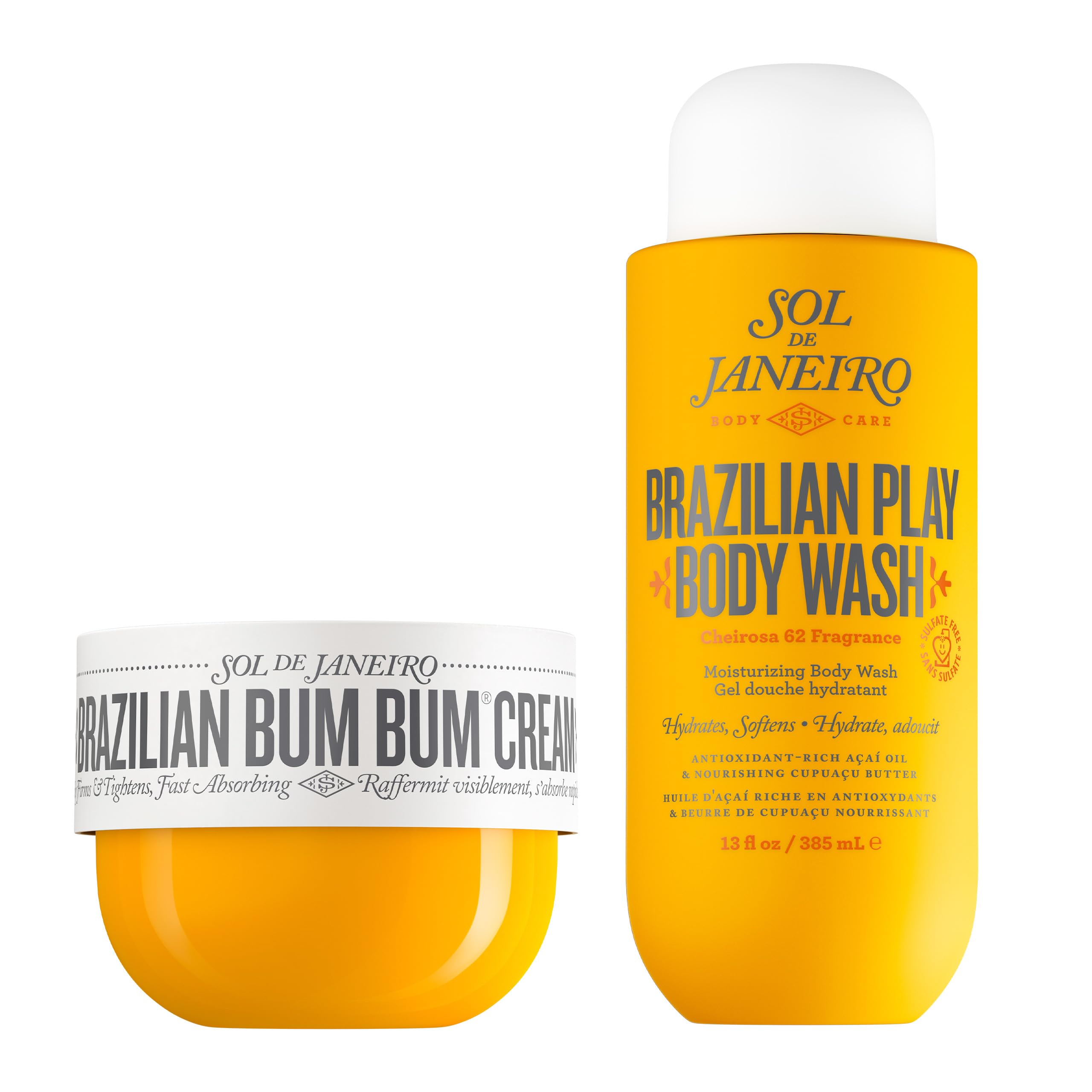 Sol De Janeiro Brazilian Bum Bum Cream And Brazilian Play Moisturizing Shower Cream Gel Body Wash Full Size Bundle