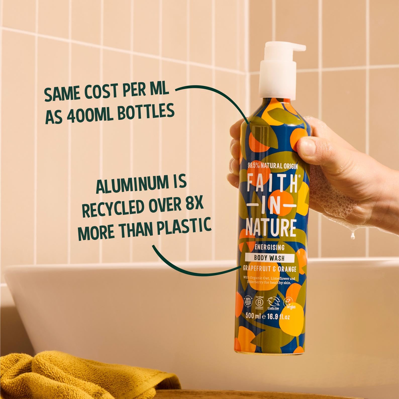 FAITH IN NATURE Natural Aluminium Bottle Body Wash - Vegan & Cruelty Free, No SLS or Parabens - 16.9 fl oz, Grapefruit & Orange