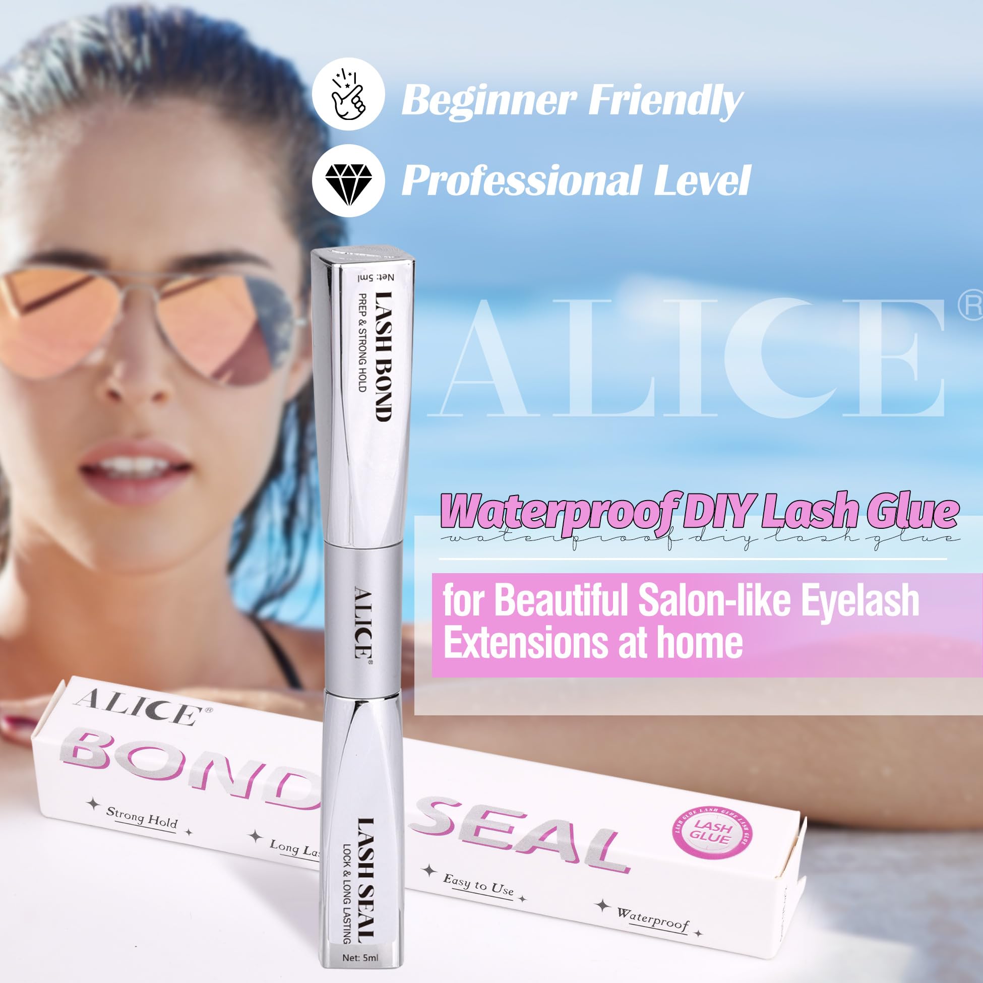 ALICE Waterproof Eyelash Glue for Lash Extensions - Strong Hold Adhesive, Black, Long Lasting 48-72 Hours