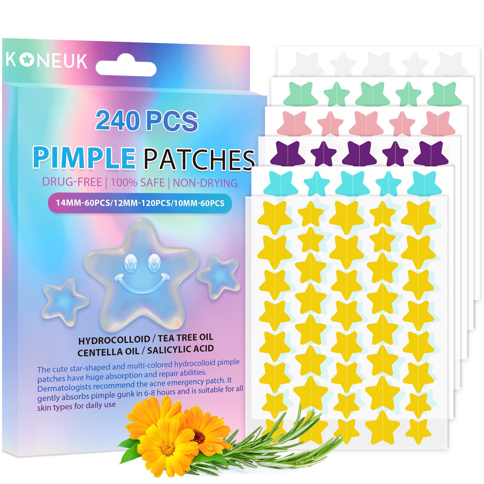 KONEUK Pimple Patches for Face 240CT,3 Sizes Hydrocolloid Acne Patches,Cute Star Zit Patches with Tea Tree Oil,Salicylic Acid an