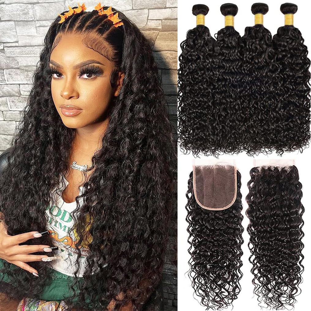 Bundles And Closure Water Wave 4 Bundles With Closure 10A Brazilian Virgin Human Hair Bundles With Closure Wet And Wavy Bundles