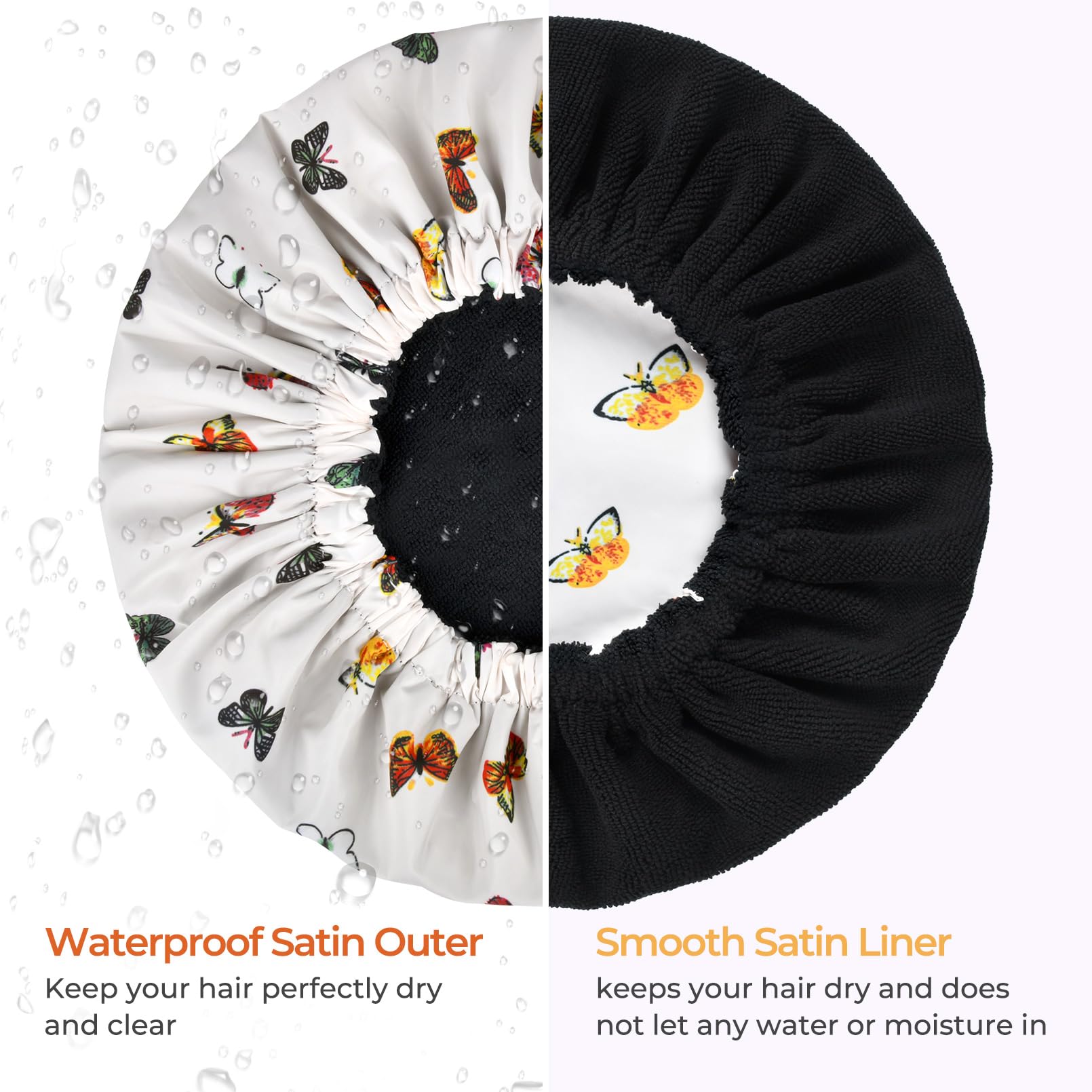 Shower Cap For Women Terry Lined Bath Cap Large Reusable Waterproof Elastic Band Butterfly Shower Caps For Long Thick Hair Soft
