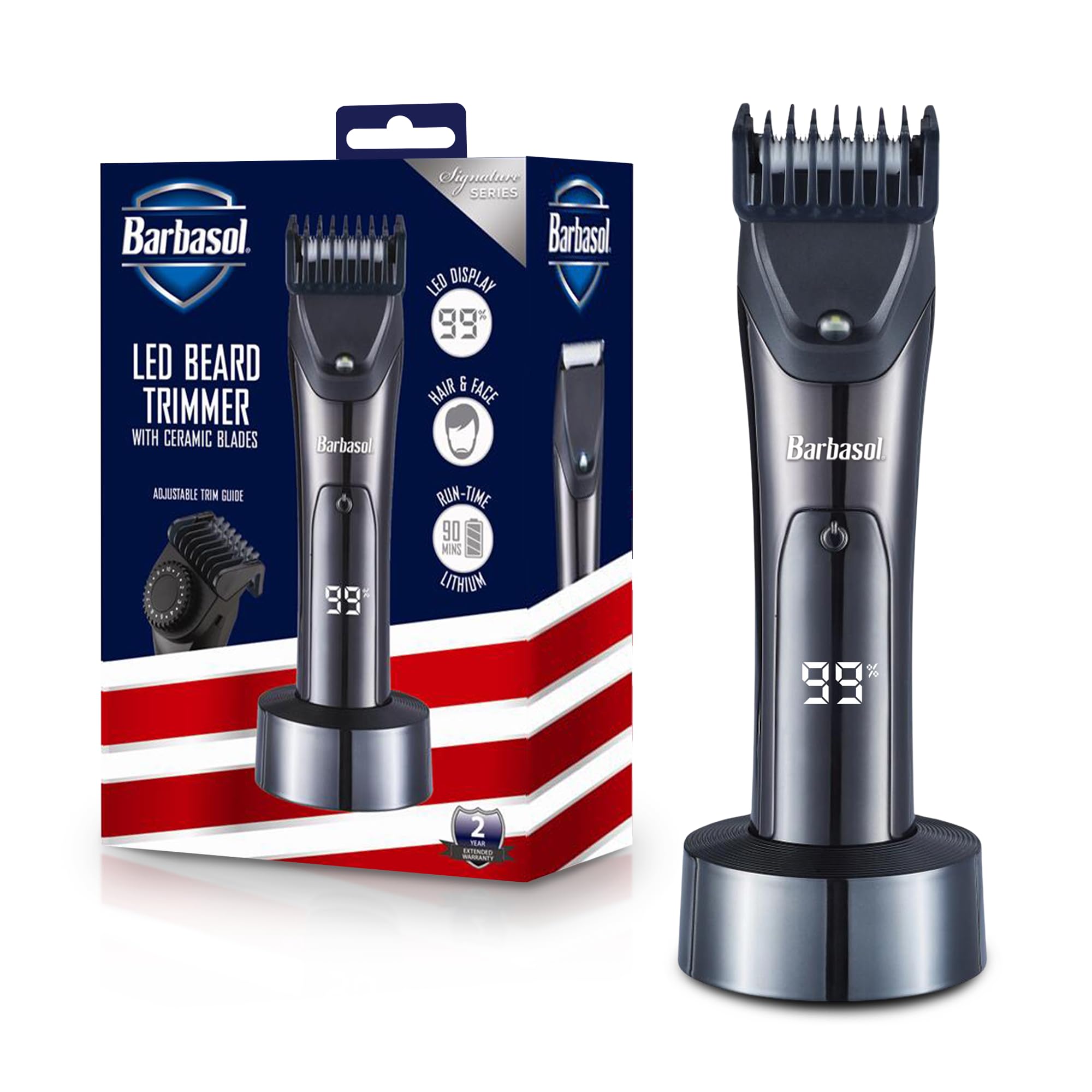 Barbasol Hair and Beard Trimmer for Men, Rechargeable Battery with Charging Base, Powerful Hypoallergenic Ceramic Blades, Dial A