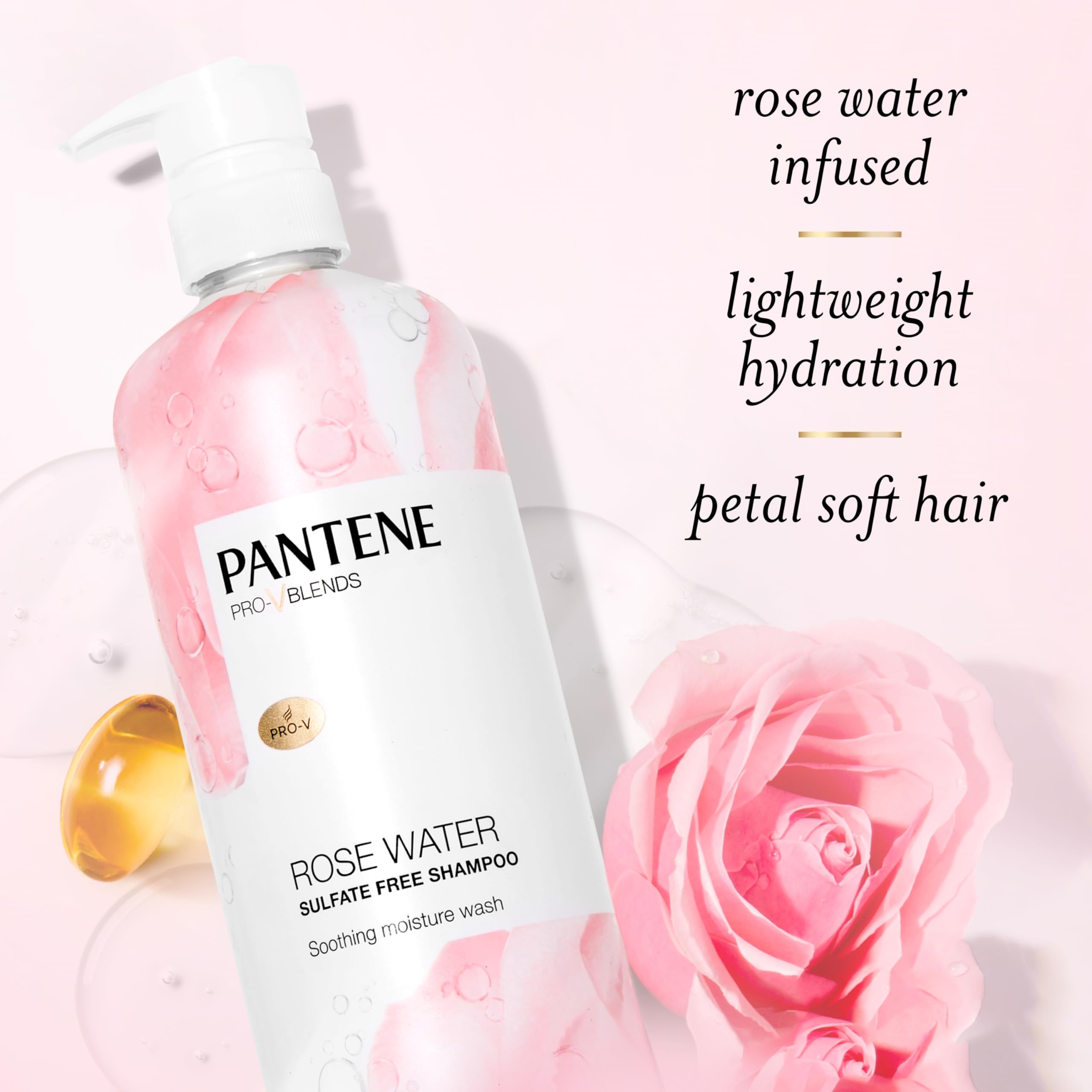 Pantene Sulfate Free Rose Water Shampoo, Soothes, Replenishes Hydration, Safe For Color Treated Hair, Nutrient Infused With Vita