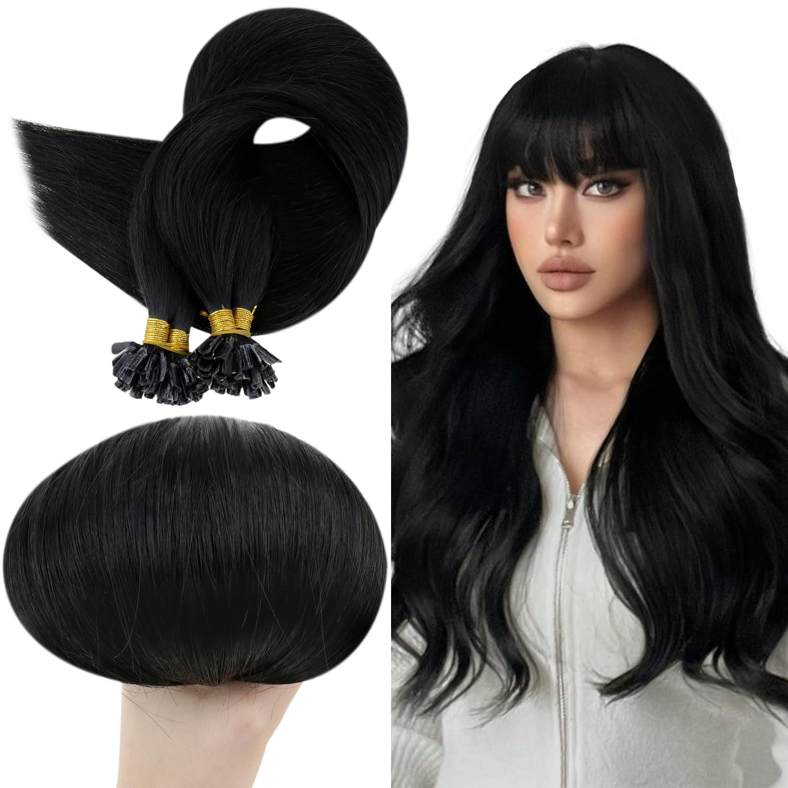 RUNATURE 24 Inch U Tip Hair Extensions Human Hair Black for Long Hair Extensions Pre Bonded Keratin Fusion Hair Extensions U Tip