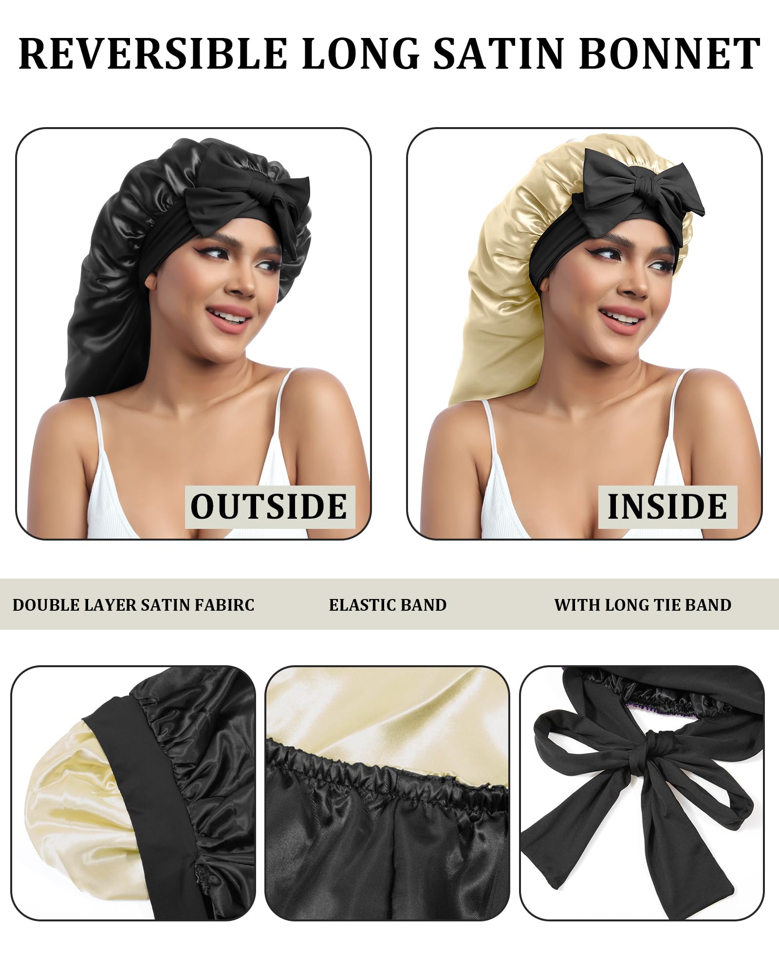 Awaytr Long Satin Bonnet For Sleeping - Double Layer Reversible Silk Bonnet For Long Hair Women Sleeping Cap With Tie Band (Blac