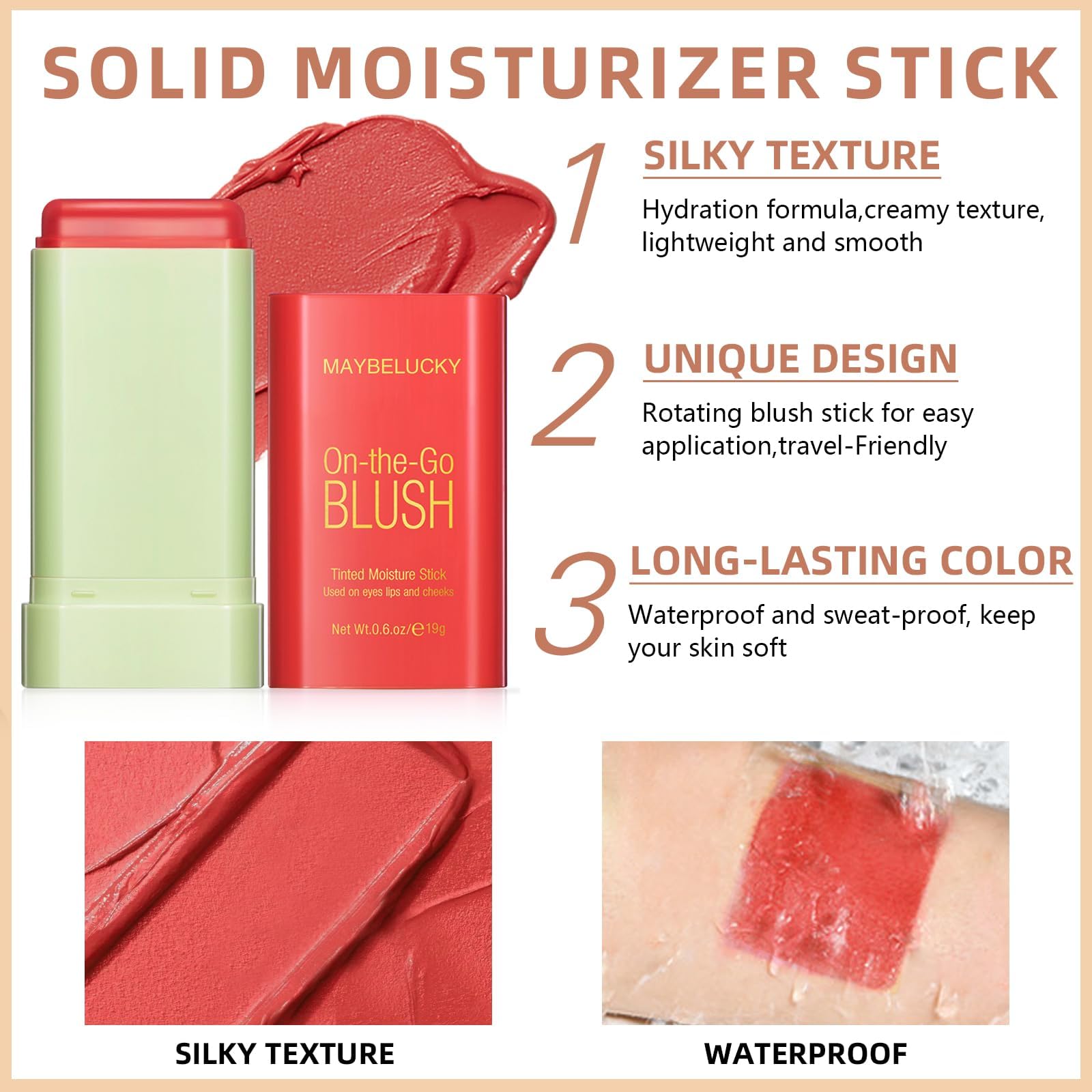 Hosaily Cream Blush Stick For Cheeks, Multi-Use Makeup Blush Stick For Eye Lip Face, Travel-Friendly Tinted Solid Moisturizer Ma