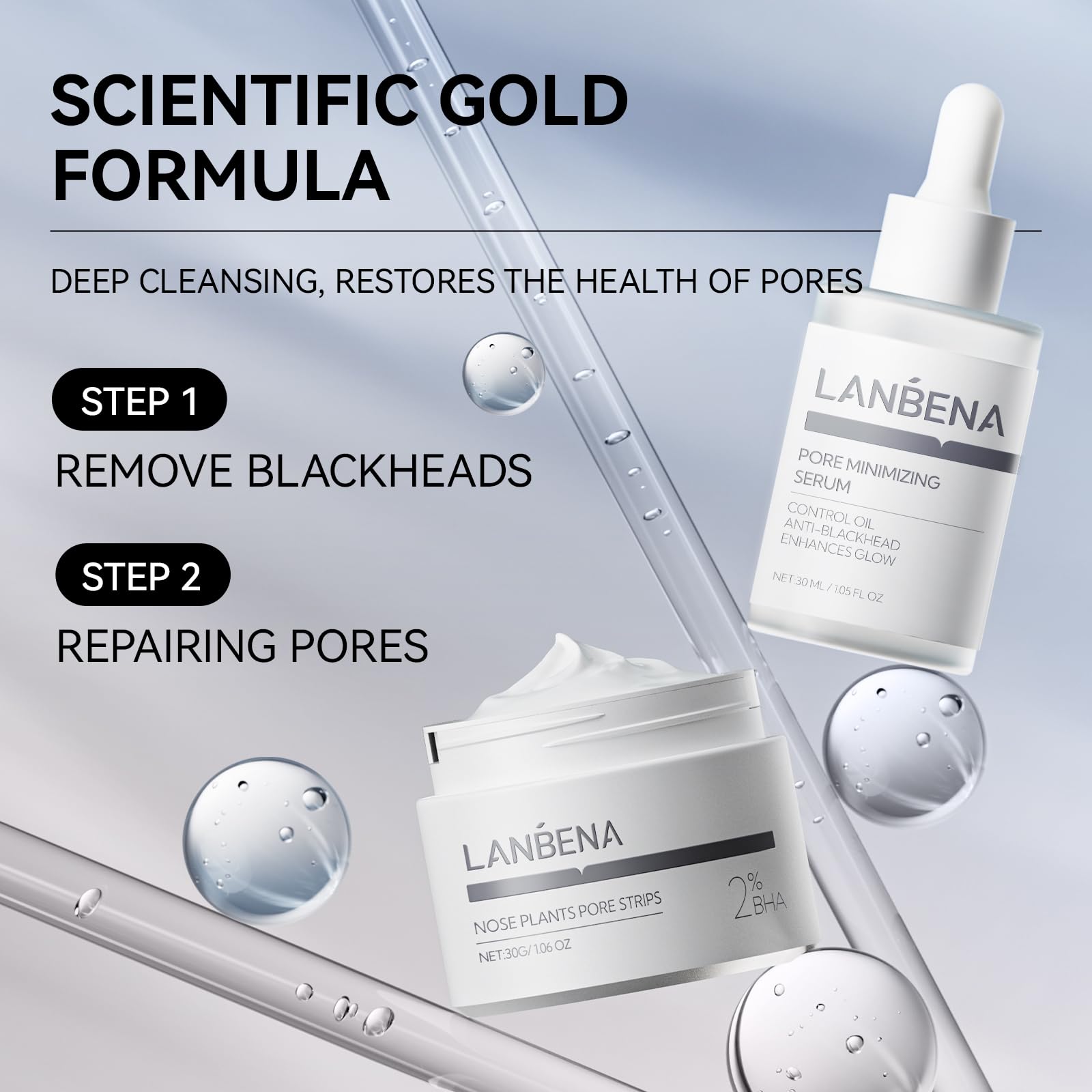 Lanbena 3-In-1 Blackhead Removal Set - Pore Strips (30G), Pore Minimizing Serum (30Ml) & Removal Paper - Mask For Face, Minimize