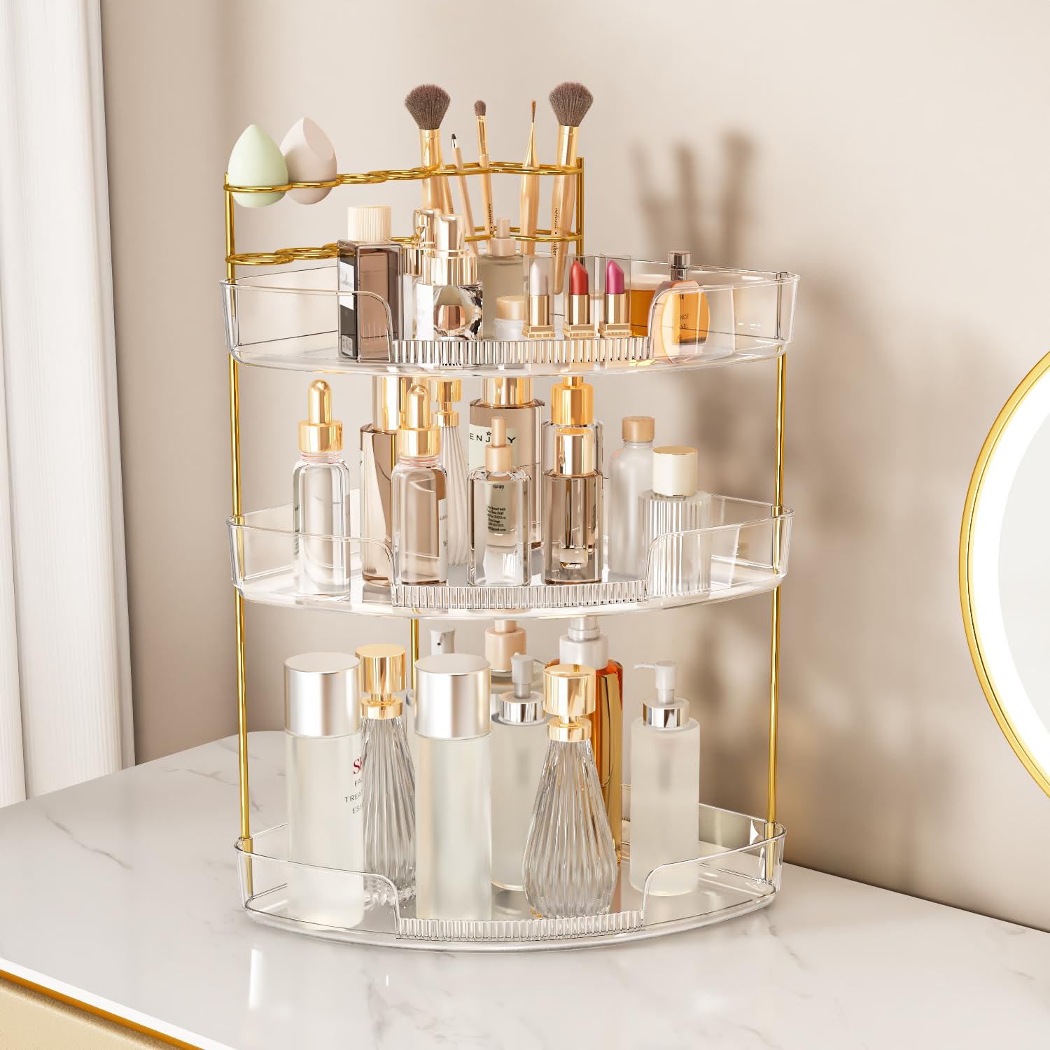 FELIZHOUSE 3-Tier Makeup Organizer for Vanity & Bathroom Countertop - Acrylic Storage Shelf with Perfume Tray & Makeup Brush Hol