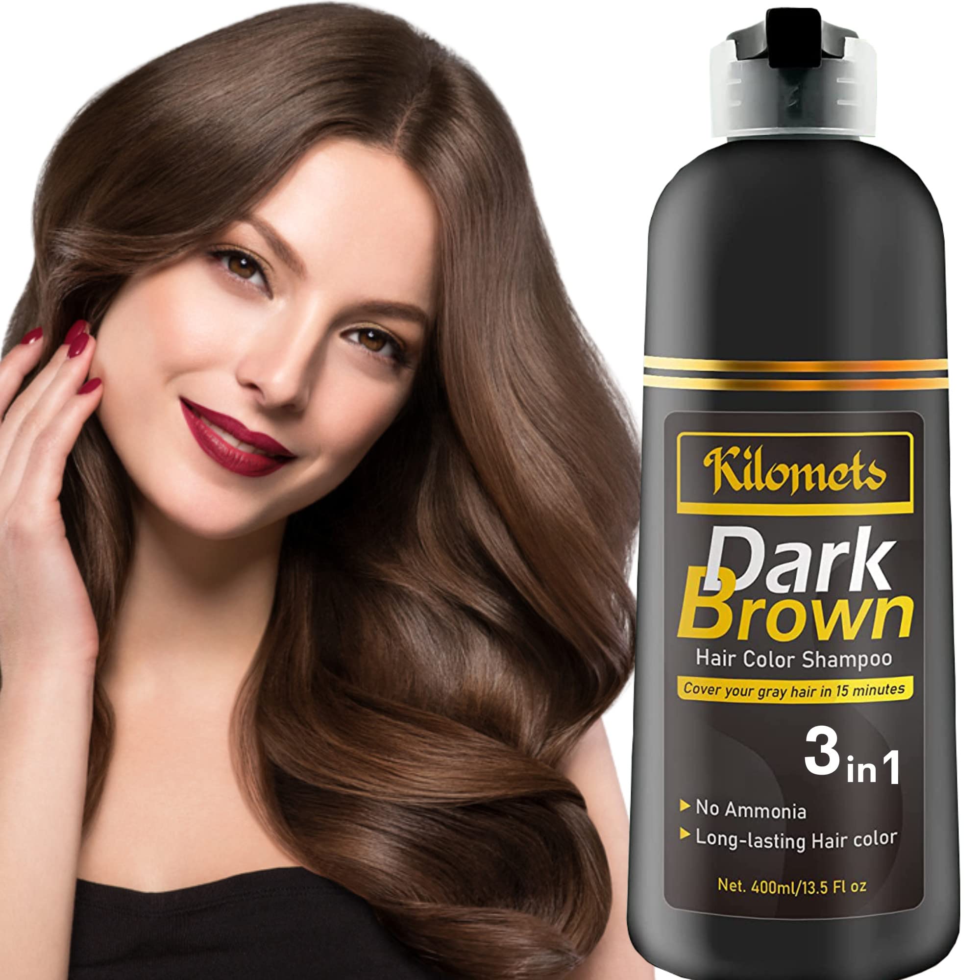 KILOMETS Dark Brown Hair Dye Shampoo 400ml- 100 grey coverage in Minutes - Ammonia Free Hair color Shampoo gray Silver Hair- Ins