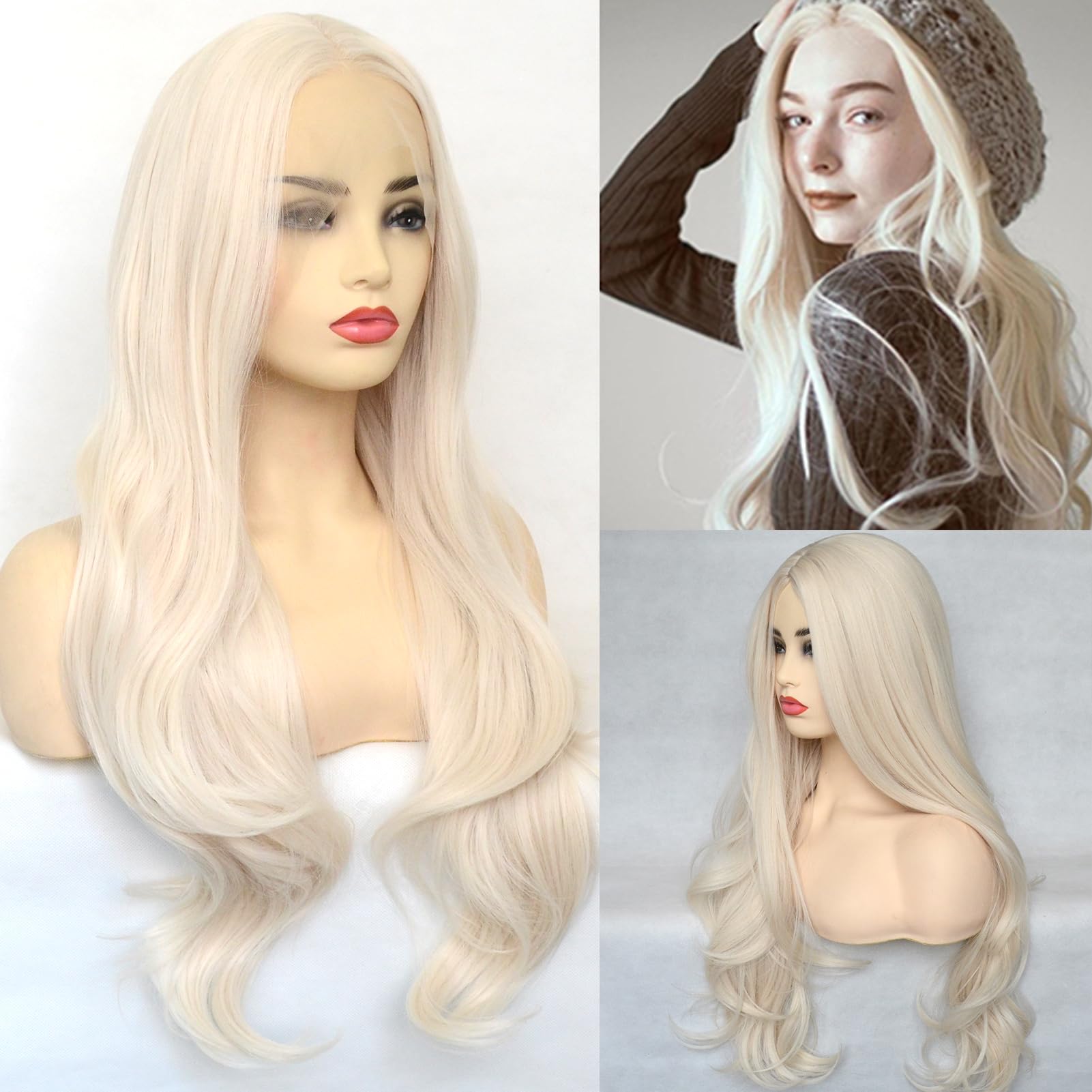 Bluple Platinum Blonde 60# Lace Front Wig Long Natural Wavy Heat Resistant Synthetic Hair Replacement Full Wigs Middle Part For
