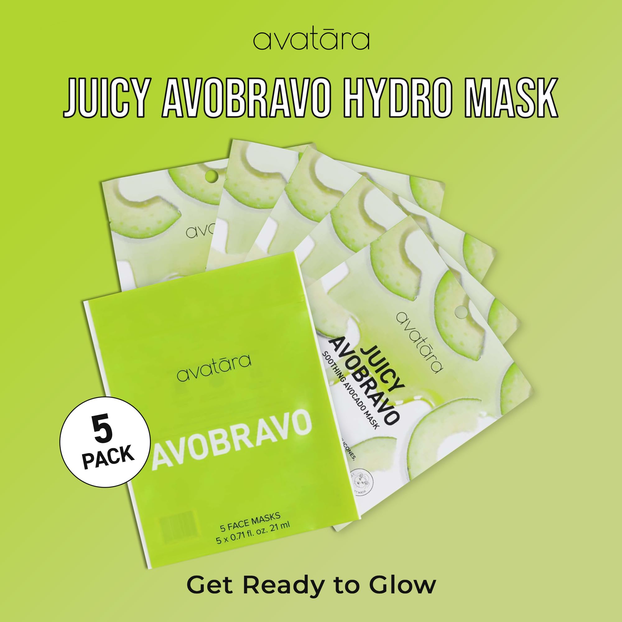 Avatara Juicy Avobravo Soothing Facial Mask 5 Sheets, Beauty And Skincare Sheet Masks, Avocado Extracts And Clean, Natural Ingre