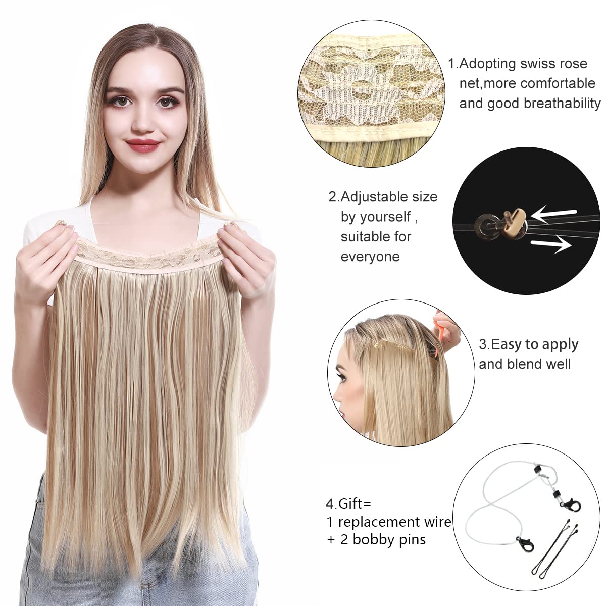 Sarla Black Brown Invisible Wire Hair Extensions Long Straight Synthetic Hairpieces 18 Inch For Women Adjustable Transparent Hea