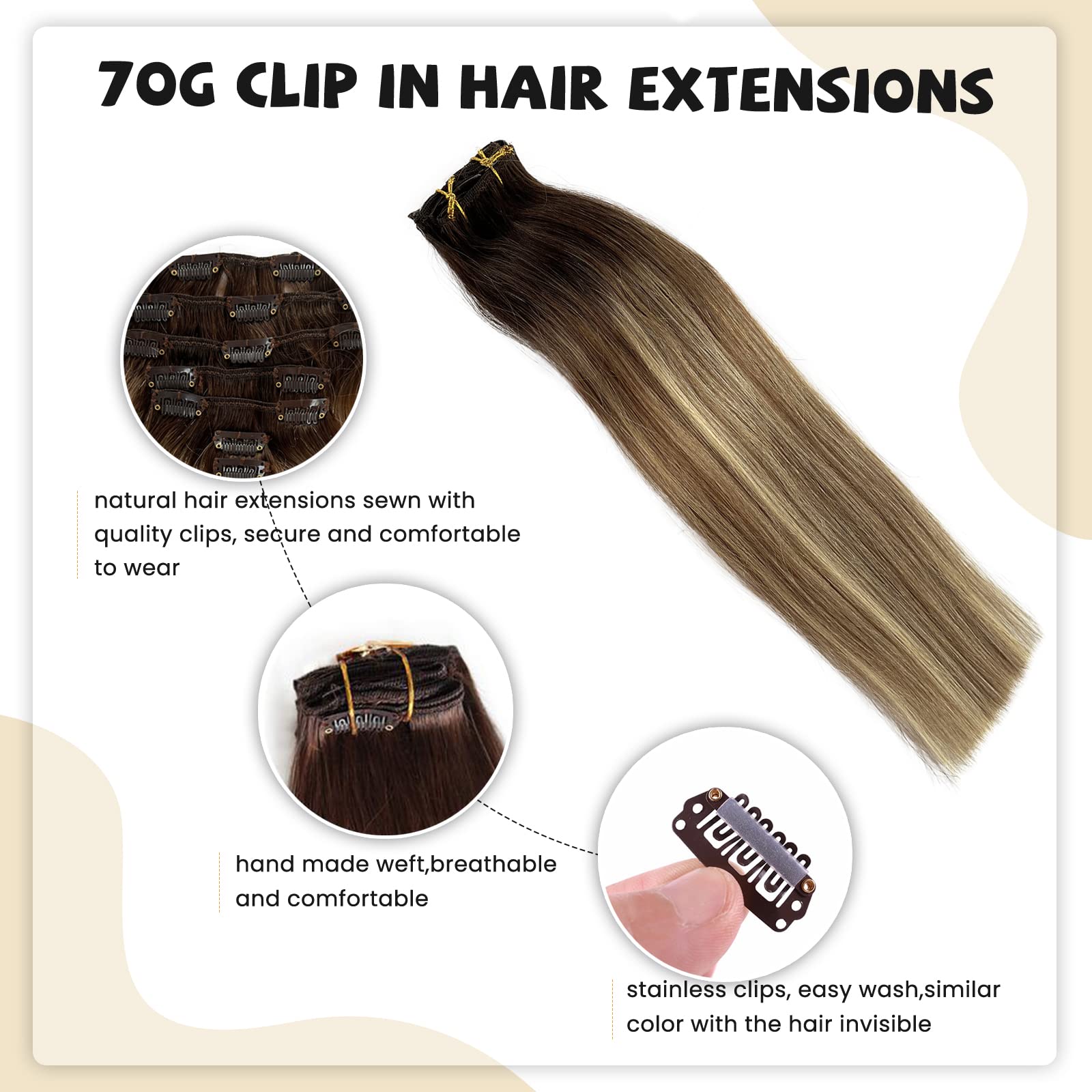 Real Hair Extensions Clip In Human Hair 20Inc Brazilian Remy Human Hair Bayalage Omber Walnut Brown To Ash Brown With Bleach Blo